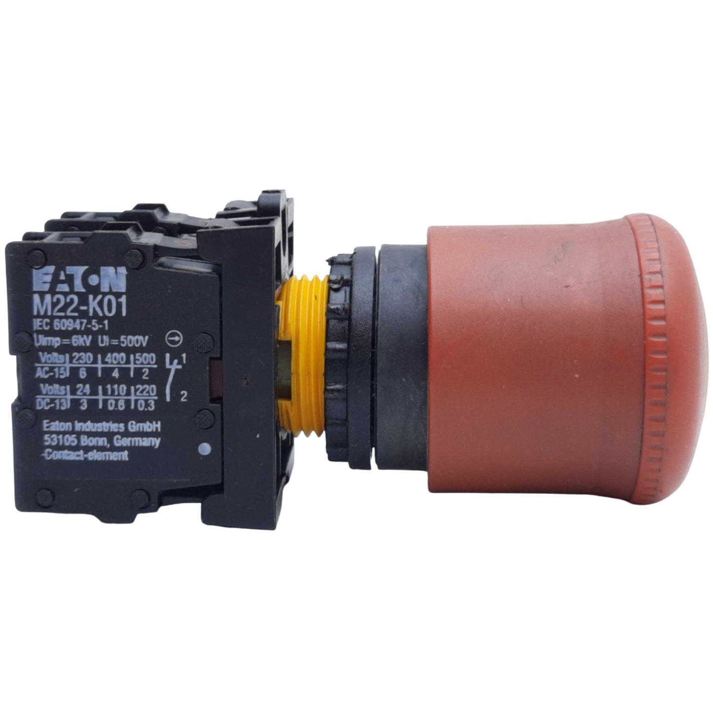 Used Eaton Moeller M22-PV-K01 Emergency Stop Push Button, 1 N.C, ø22mm, 600VAC at 5A