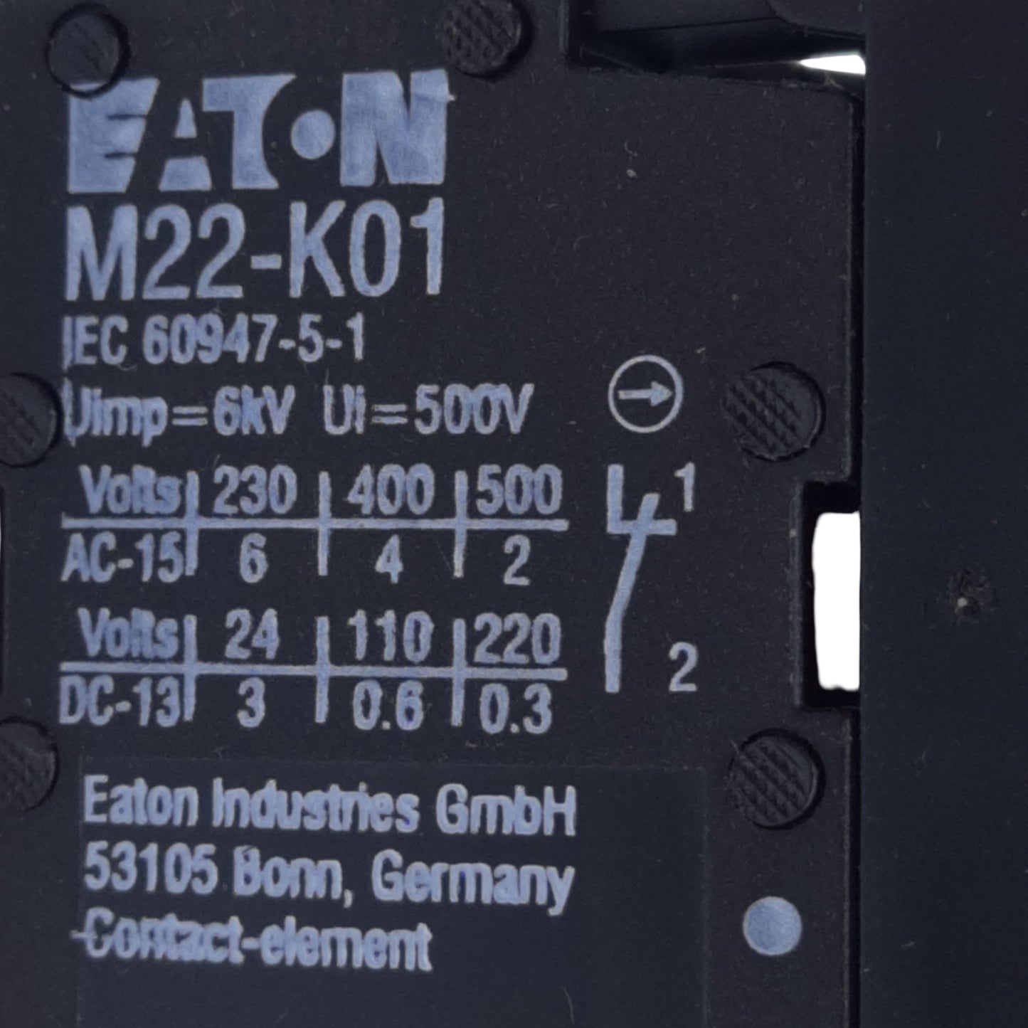 Used Eaton Moeller M22-PV-K01 Emergency Stop Push Button, 1 N.C, ø22mm, 600VAC at 5A