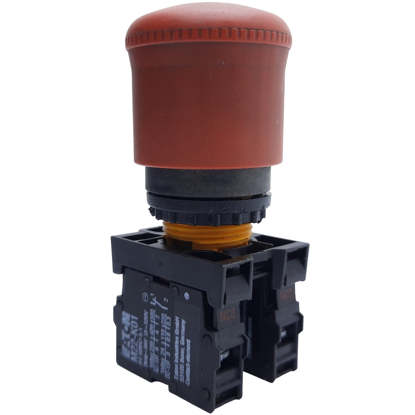 Used Eaton Moeller M22-PV-K01 Emergency Stop Push Button, 1 N.C, ø22mm, 600VAC at 5A