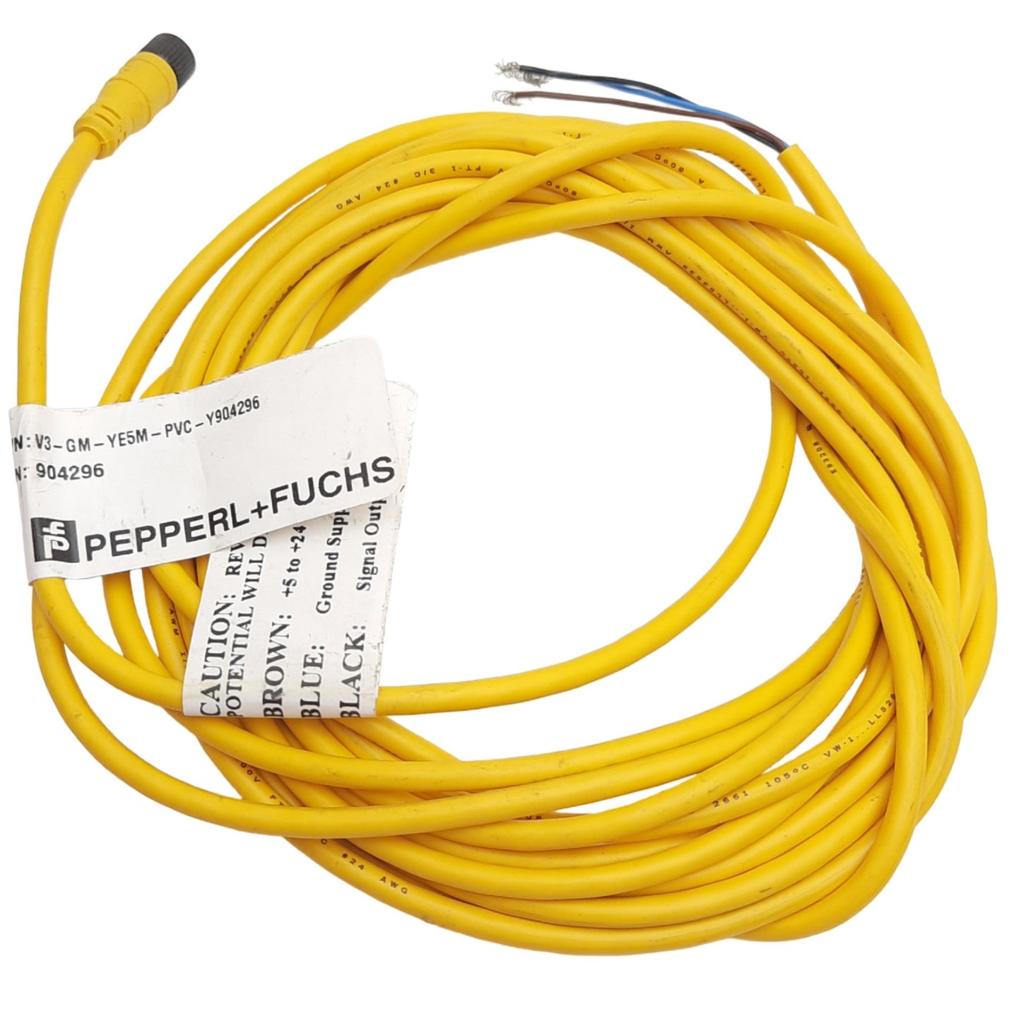 Used Pepperl Fuchs V3-GM-YE5M-PVC-Y904296 Cordset M8 3-Pin Female, 48VAC/60VDC, 5m