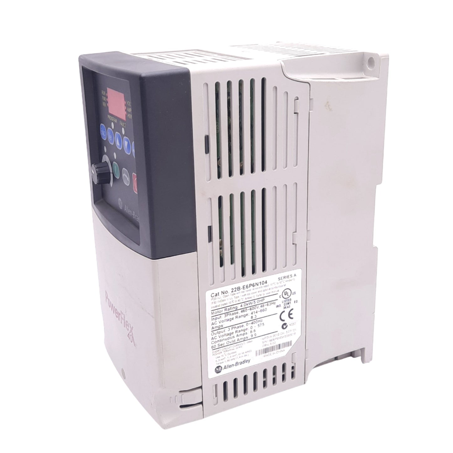 Used Allen Bradley 22B-E6P6N104 PowerFlex AC Drive, 600VAC 3ph, 6.6A 0-400Hz Out, 5hp