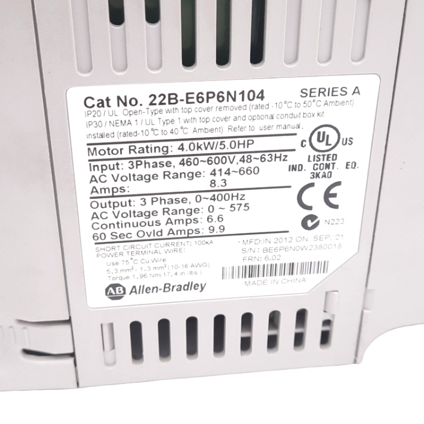 Used Allen Bradley 22B-E6P6N104 PowerFlex AC Drive, 600VAC 3ph, 6.6A 0-400Hz Out, 5hp