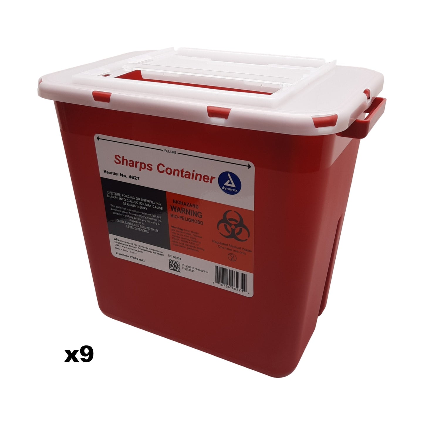 New Lot of 9 Dynarex 4627 Sharps Container 2gal (7570mL) 6.9" L x 10.8" W x 9.98" H