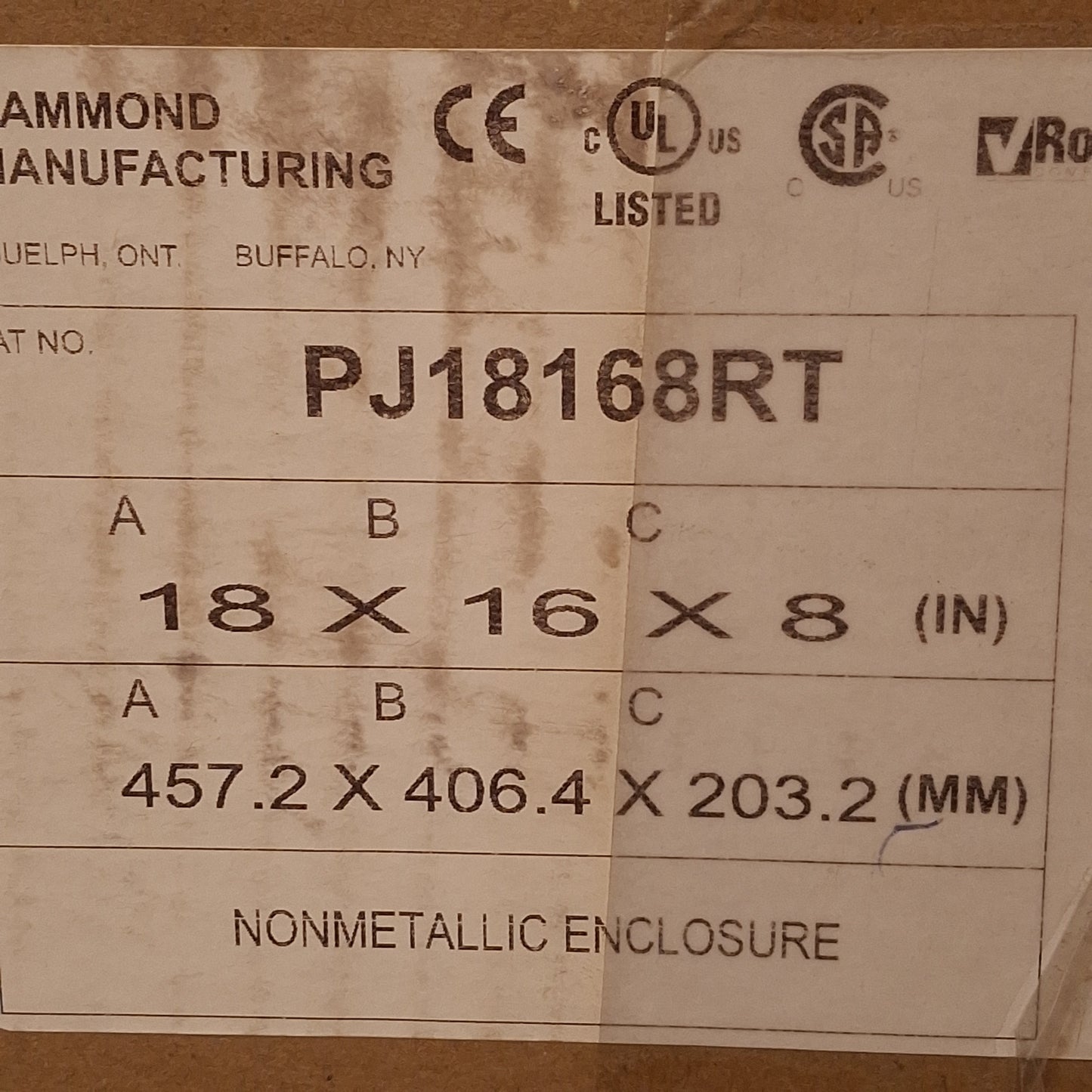 New Hammond PJ18168RT Polyester Junction Box, 18.4in H x 16.4in W x 8.13in D, IP66