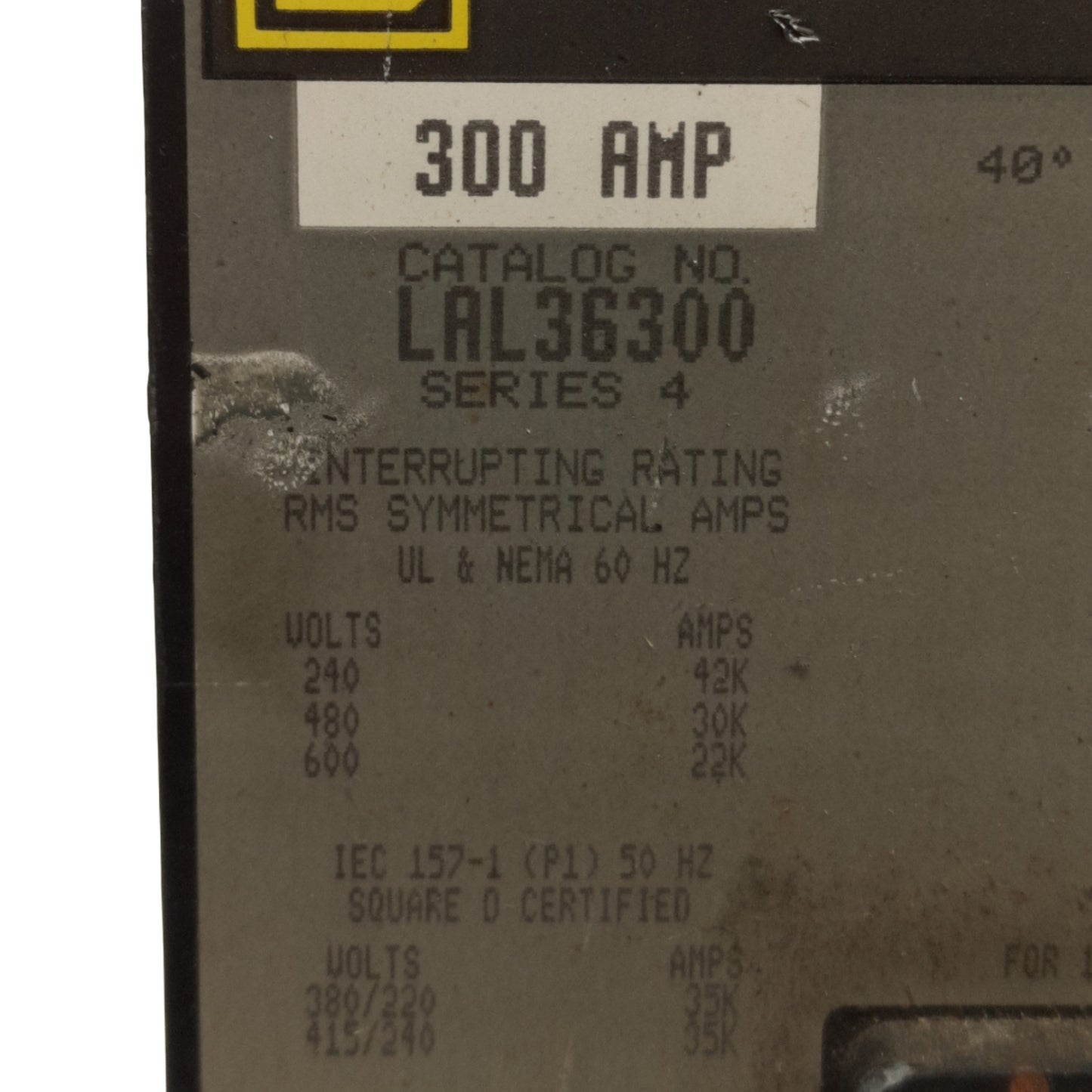 Used Square D LAL36300 Circuit Breaker 600VAC/250VDC, 300A, 3-Poles, 1500-3000A Range