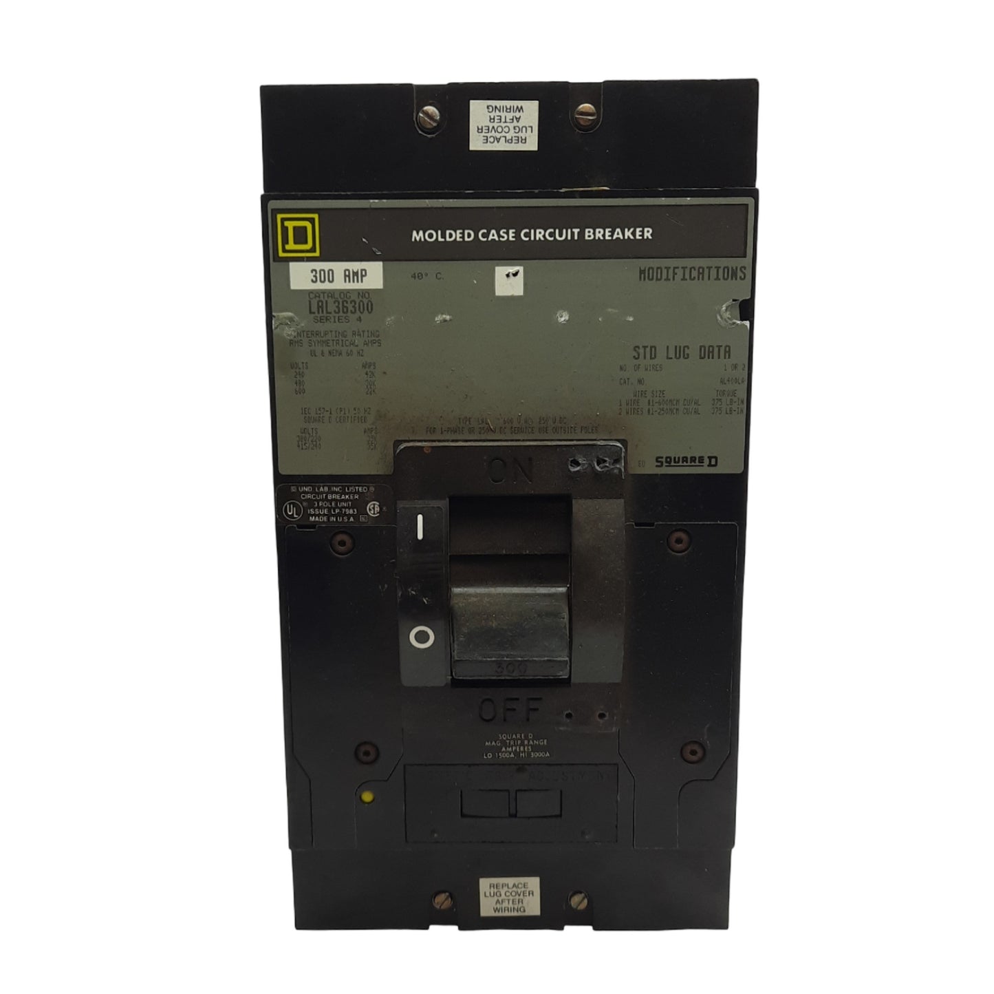 Used Square D LAL36300 Circuit Breaker 600VAC/250VDC, 300A, 3-Poles, 1500-3000A Range