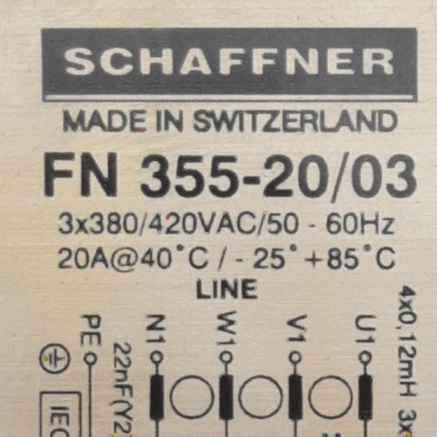 Used Schaffner FN355-20/03 EMC/RFI Filter 3-Phase 3x380/420VAC 3-20A, Screw Terminals