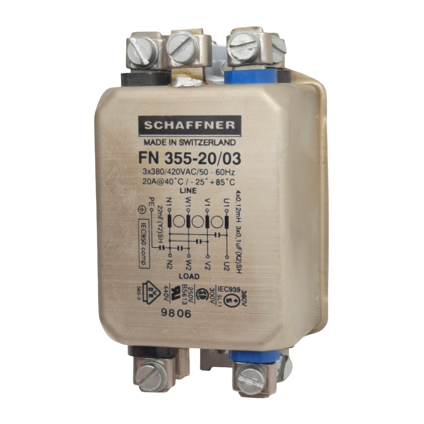 Used Schaffner FN355-20/03 EMC/RFI Filter 3-Phase 3x380/420VAC 3-20A, Screw Terminals