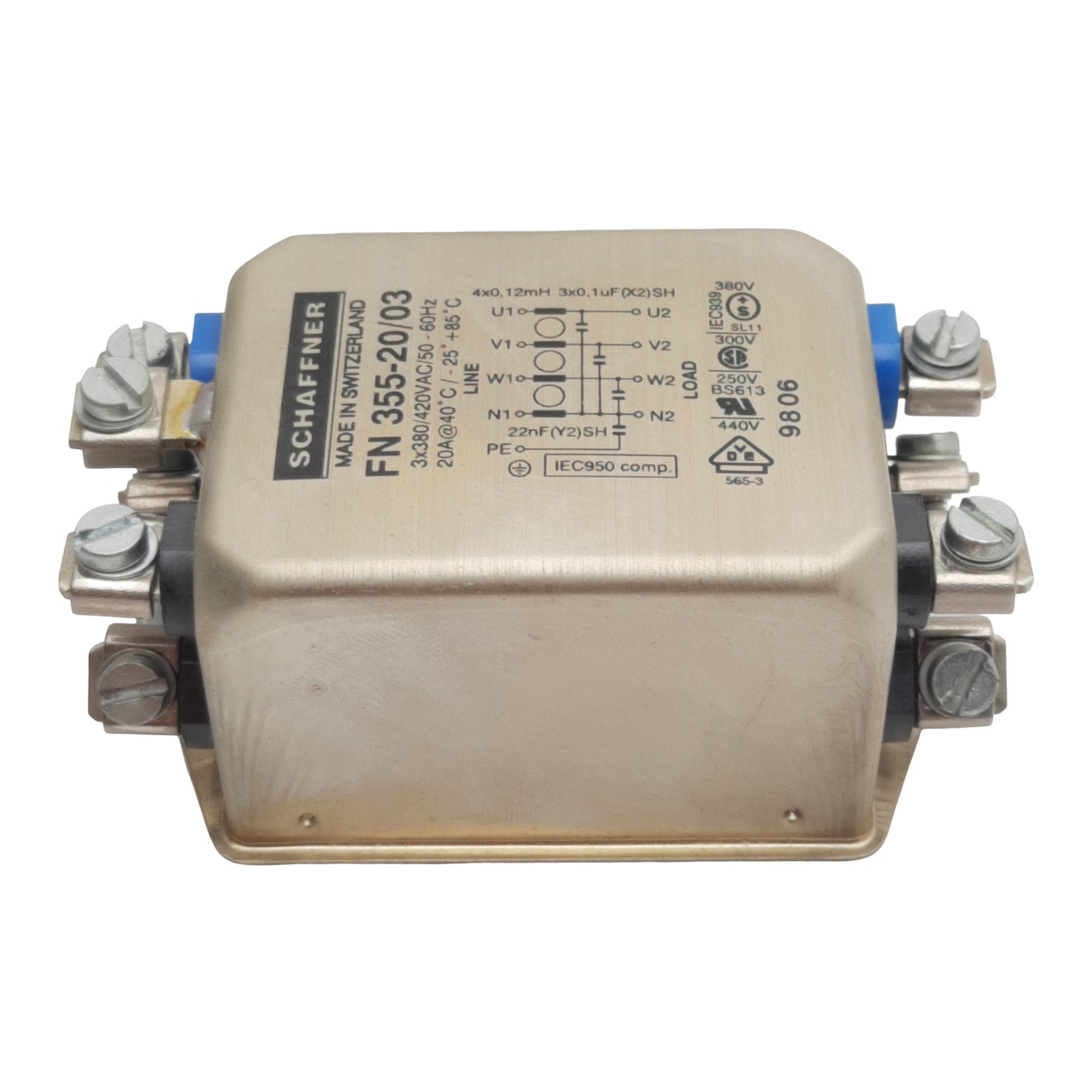 Used Schaffner FN355-20/03 EMC/RFI Filter 3-Phase 3x380/420VAC 3-20A, Screw Terminals