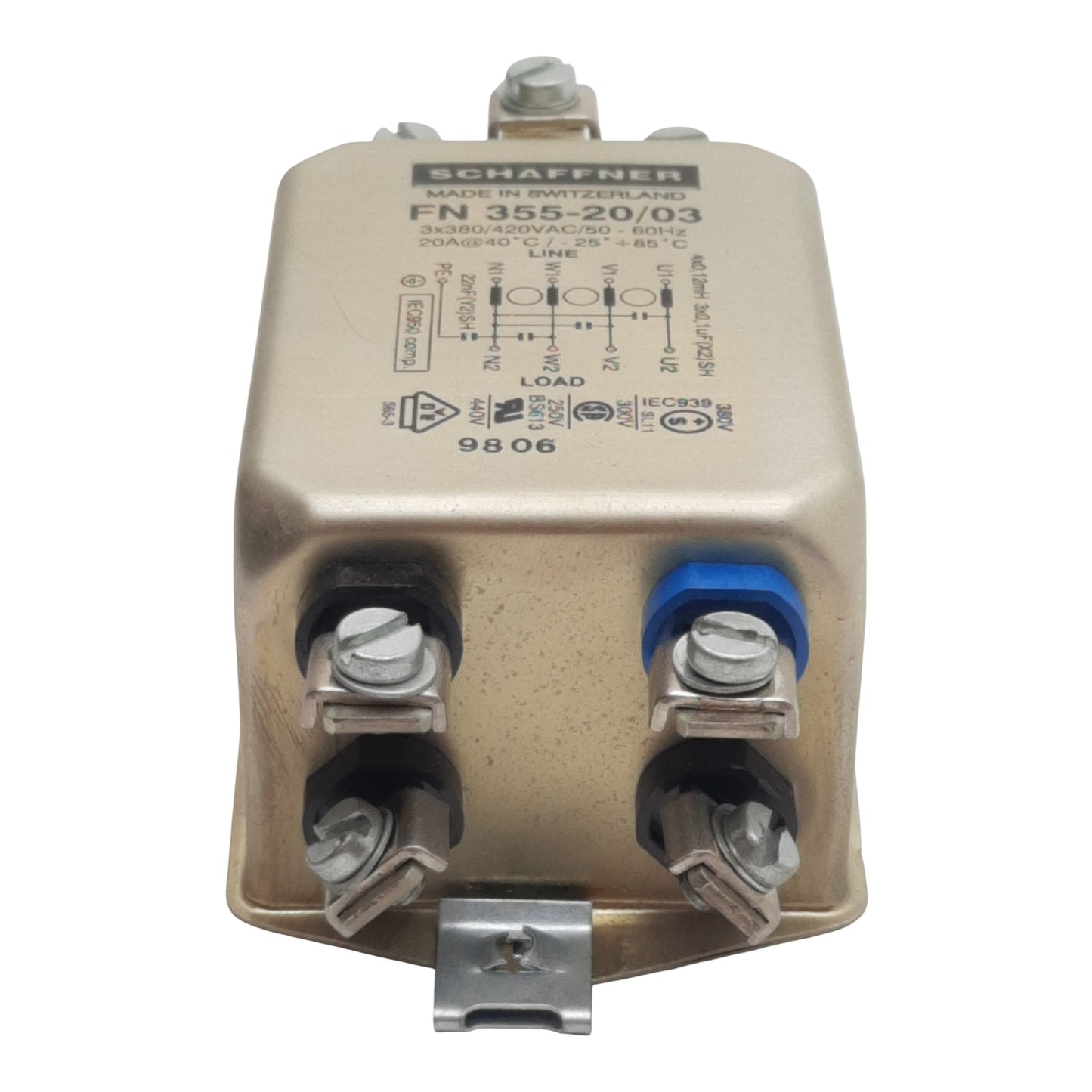 Used Schaffner FN355-20/03 EMC/RFI Filter 3-Phase 3x380/420VAC 3-20A, Screw Terminals