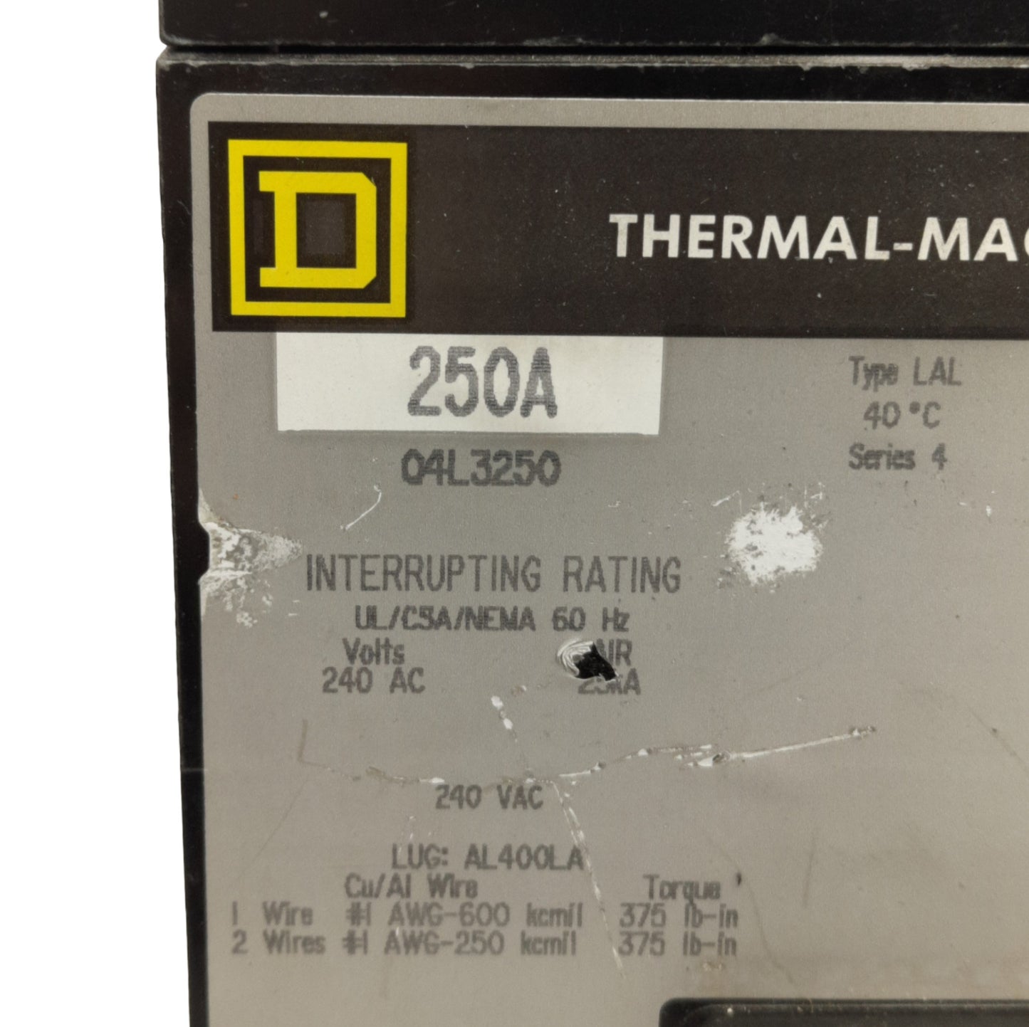 Used Square D Q4L3520 Circuit Breaker 240V AC 250A, 3-Poles, 1250A to 2500A Range