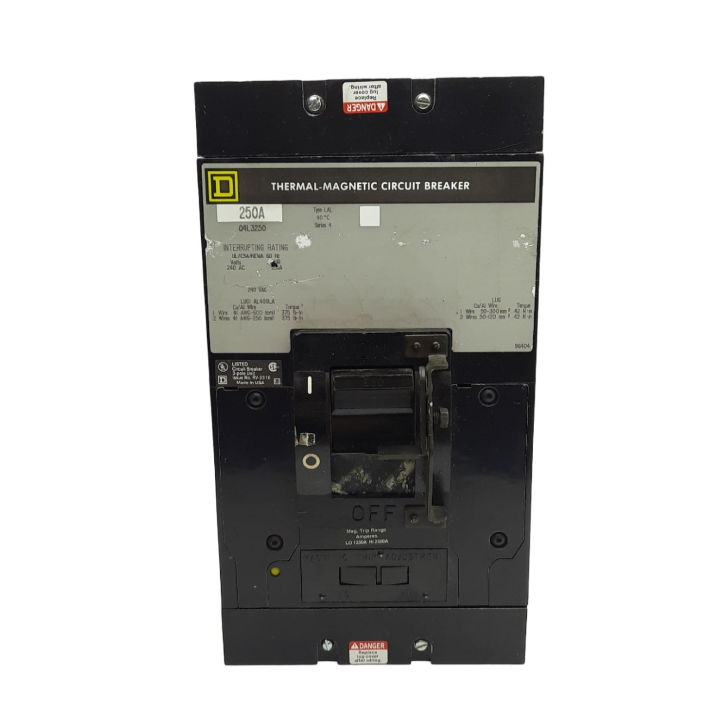 Used Square D Q4L3520 Circuit Breaker 240V AC 250A, 3-Poles, 1250A to 2500A Range
