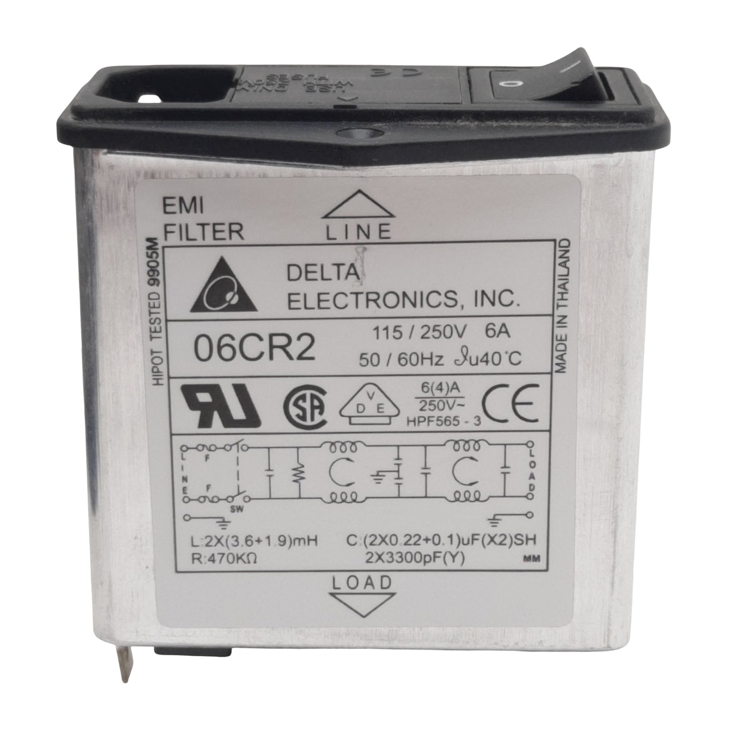 Used Delta Electronics 06CR2 EMI Power Line Filter, 6A 115/250VAC, Spade Terminals