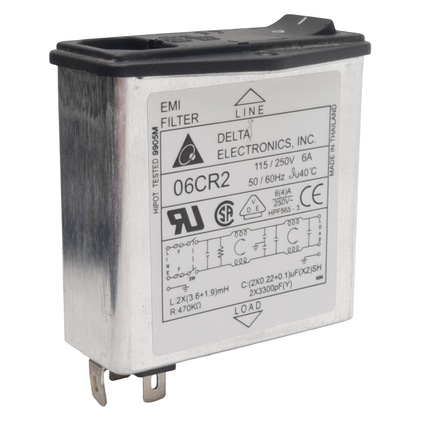 Used Delta Electronics 06CR2 EMI Power Line Filter, 6A 115/250VAC, Spade Terminals