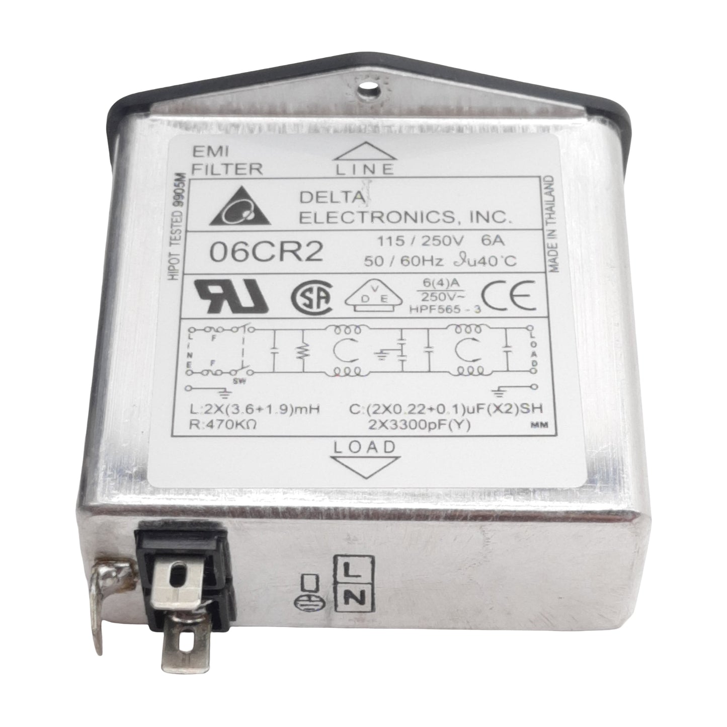 Used Delta Electronics 06CR2 EMI Power Line Filter, 6A 115/250VAC, Spade Terminals