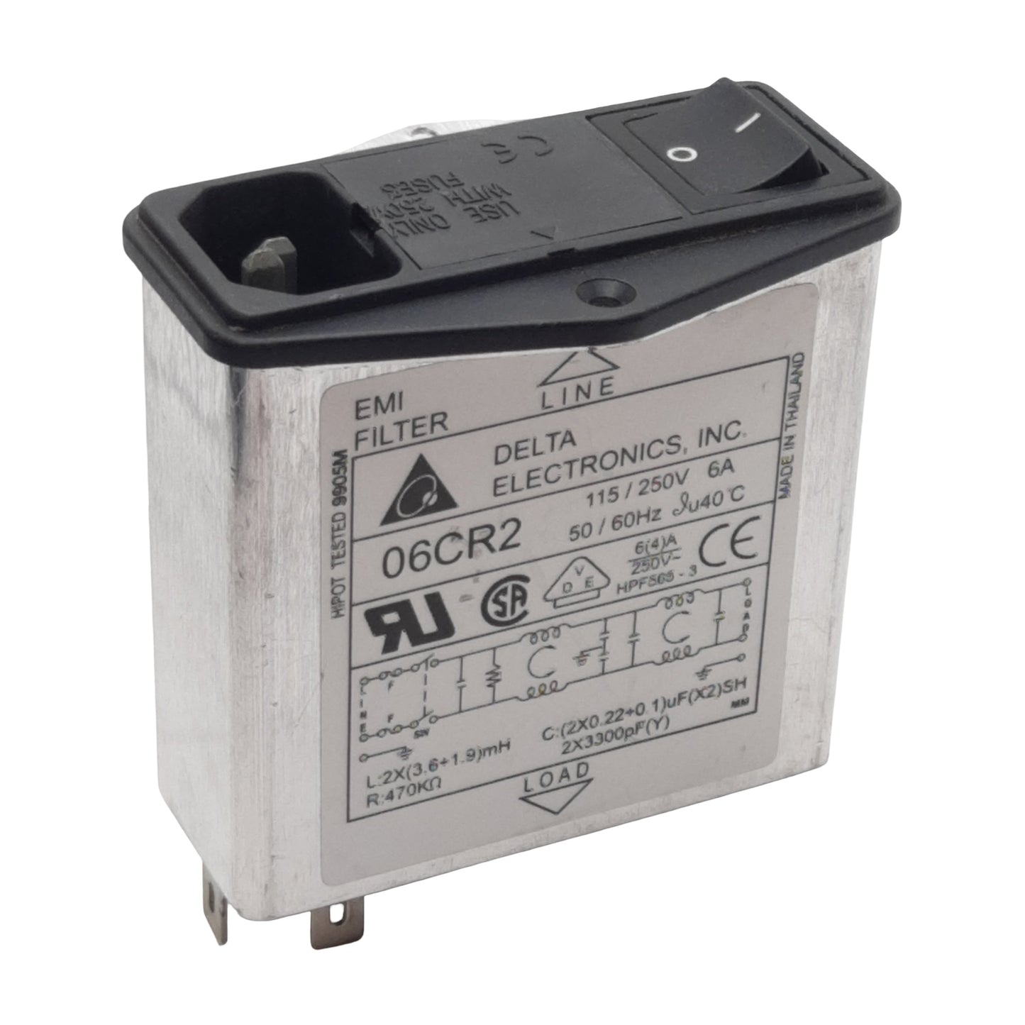 Used Delta Electronics 06CR2 EMI Power Line Filter, 6A 115/250VAC, Spade Terminals