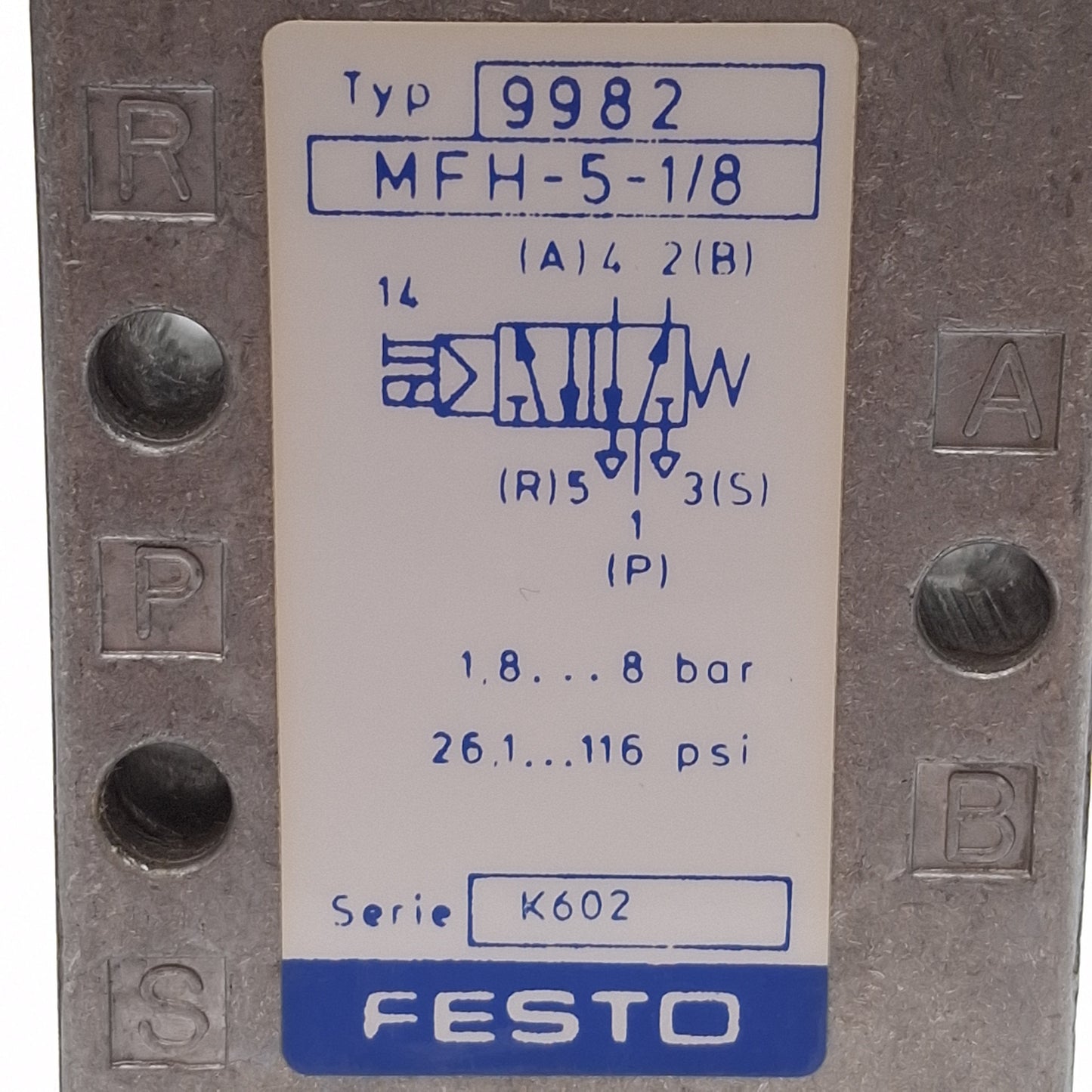 Used Festo MFH-5-1/8 Solenoid Valve, 5/2 Way, 1.8-8bar, G1/8, 24VDC/42VAC Coil