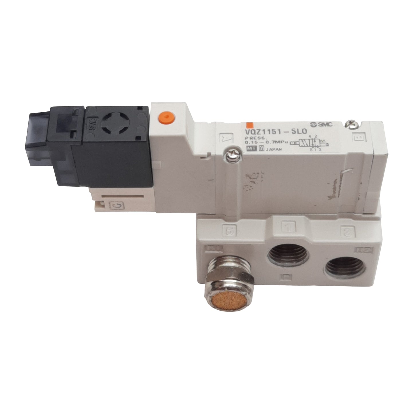 Used SMC VQZ1151-5LO Solenoid Valve, 5/2-Way NC, 0.15-0.7MPa, 1/8in NPT, 24VDC Coil