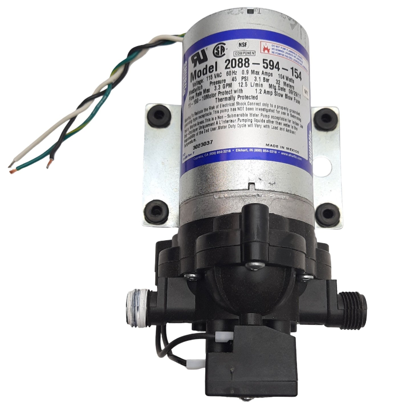 Used SHURFLO 2088-594-154 Delivery Pump 115VAC, 0.9A, 30 to 50PSI, 1/2" - 15 NPS