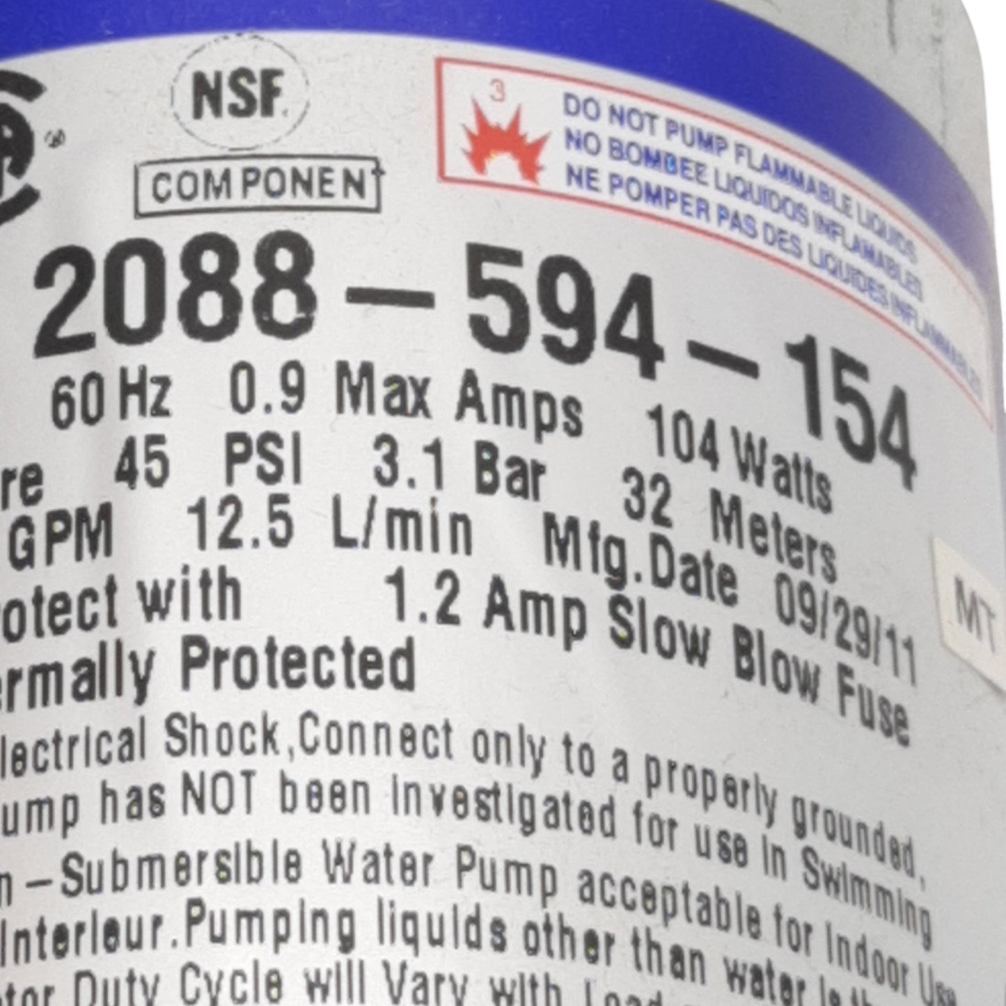 Used SHURFLO 2088-594-154 Delivery Pump 115VAC, 0.9A, 30 to 50PSI, 1/2" - 15 NPS