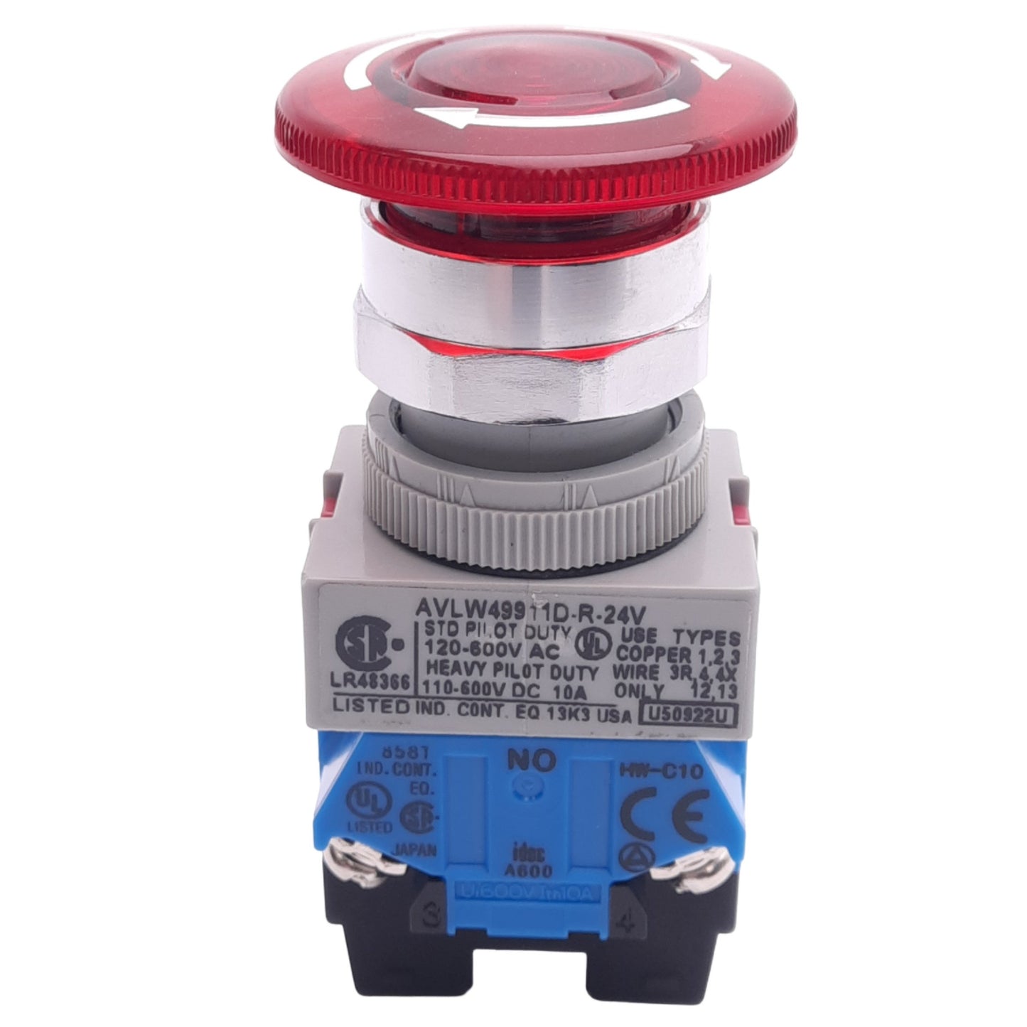 Used IDEC AVLW49911D-R-24V Illuminated Push/Twist E-Stop Switch, ø22mm, 1NO 1NC, 24V