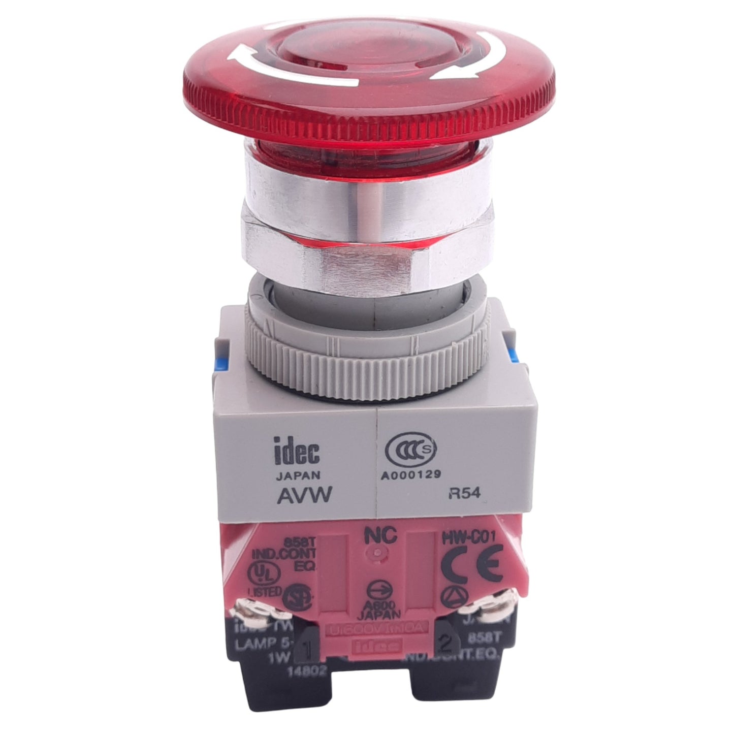 Used IDEC AVLW49911D-R-24V Illuminated Push/Twist E-Stop Switch, ø22mm, 1NO 1NC, 24V