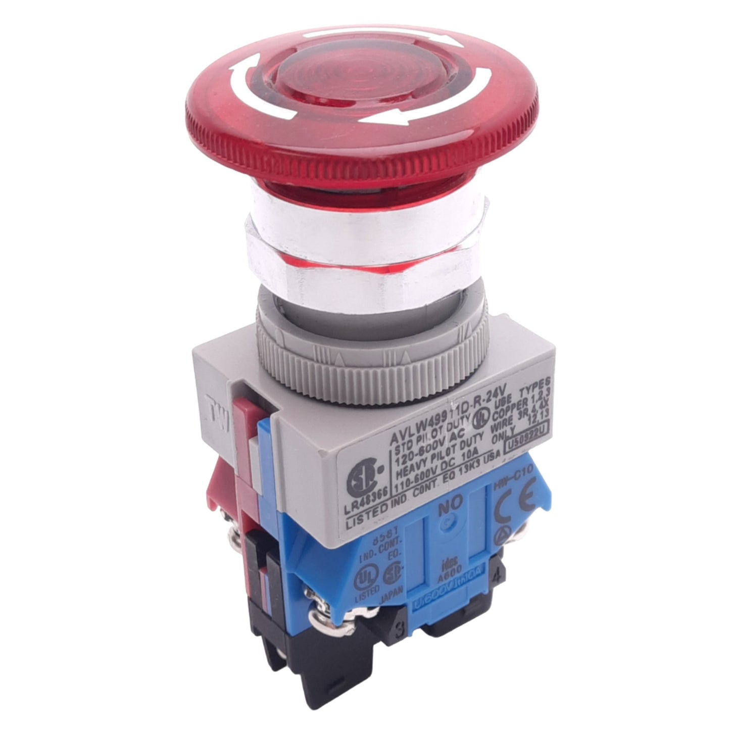 Used IDEC AVLW49911D-R-24V Illuminated Push/Twist E-Stop Switch, ø22mm, 1NO 1NC, 24V