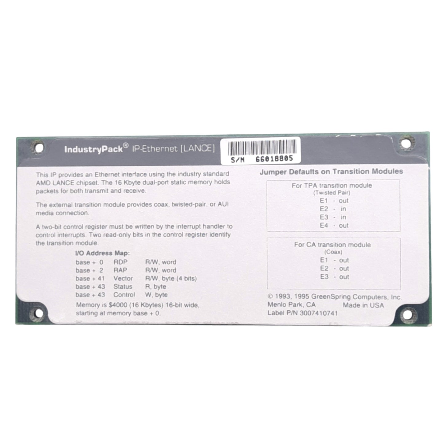 Used GreenSpring 3007410741 Rev B IndustryPack IP-Ethernet LANCE Module, 16KB RAM