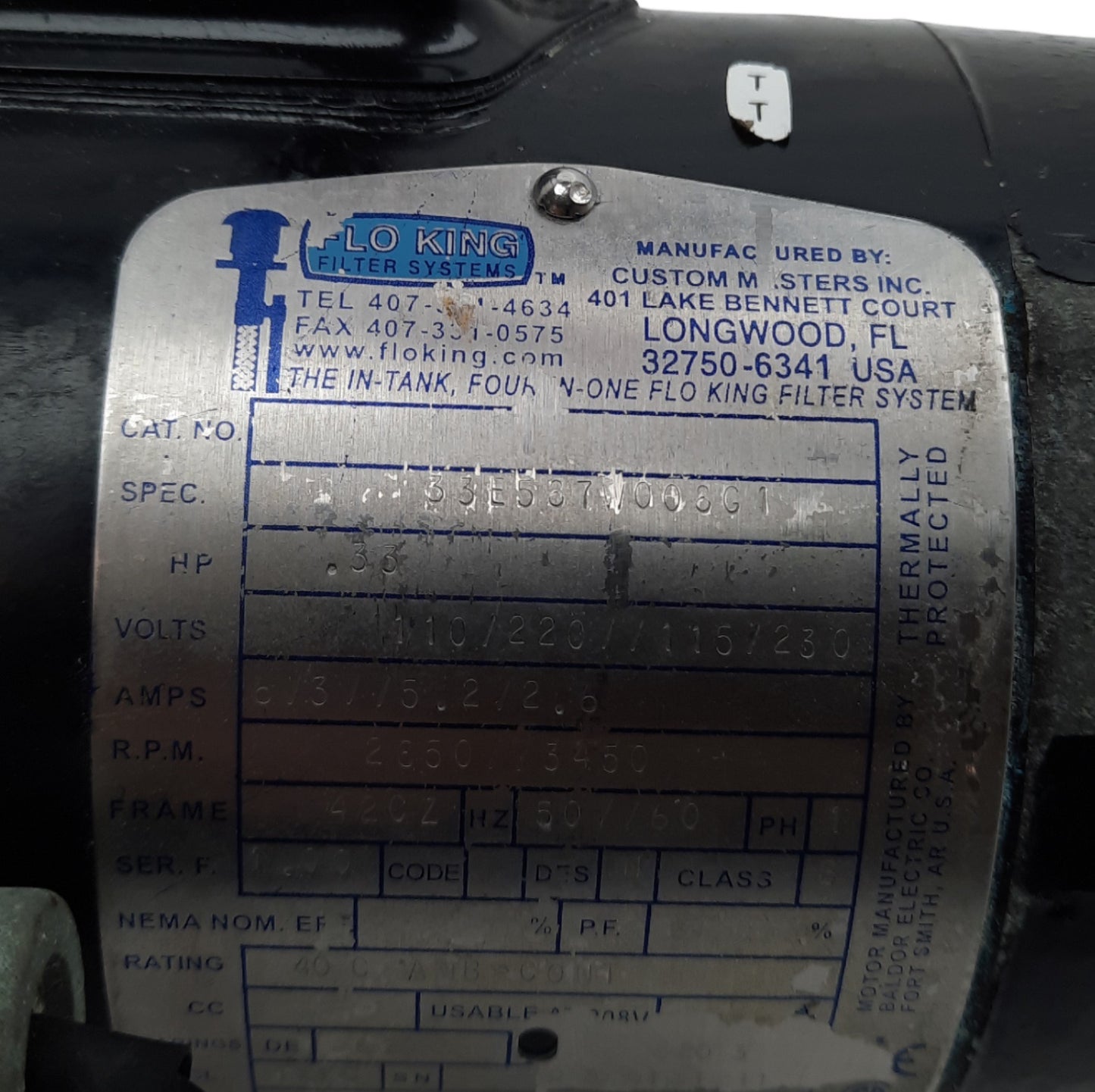 Used Flo King BX3000 Immersion Pump Motor 1/3HP, 110/220 115/230VAC, 13.75in L