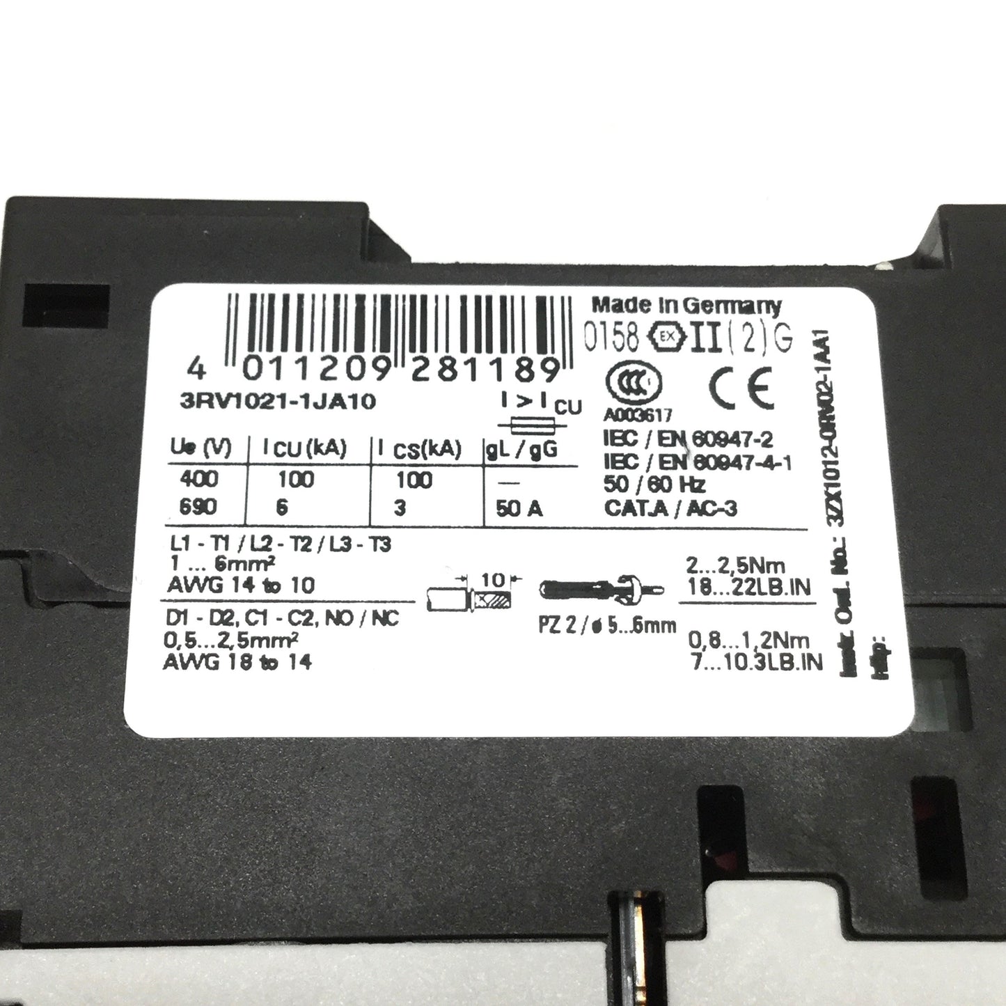 Used Siemens 3RV1021-1JA10 Sirius Motor Protector Circuit Breaker, 3-Pole, 7-10A