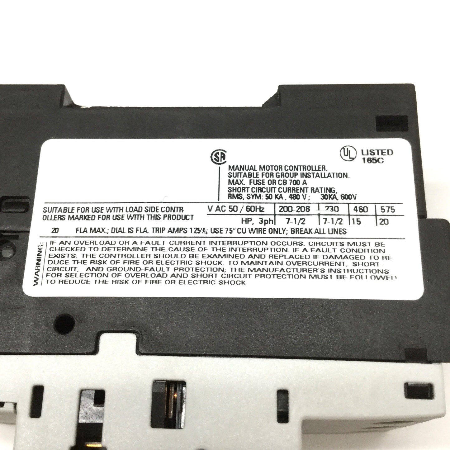 Used Siemens 3RV1421-4BA10 Motor Protection Circuit Breaker, 3-Pole, 14-20A, 600VAC
