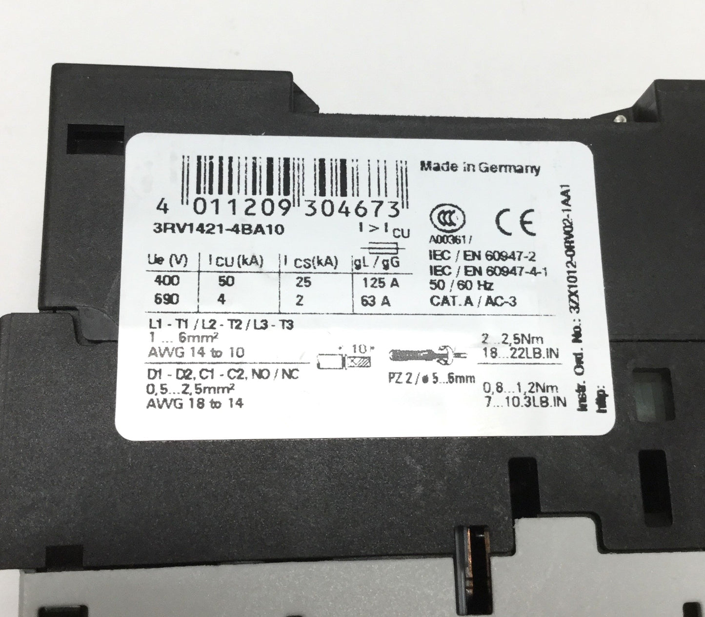 Used Siemens 3RV1421-4BA10 Motor Protection Circuit Breaker, 3-Pole, 14-20A, 600VAC