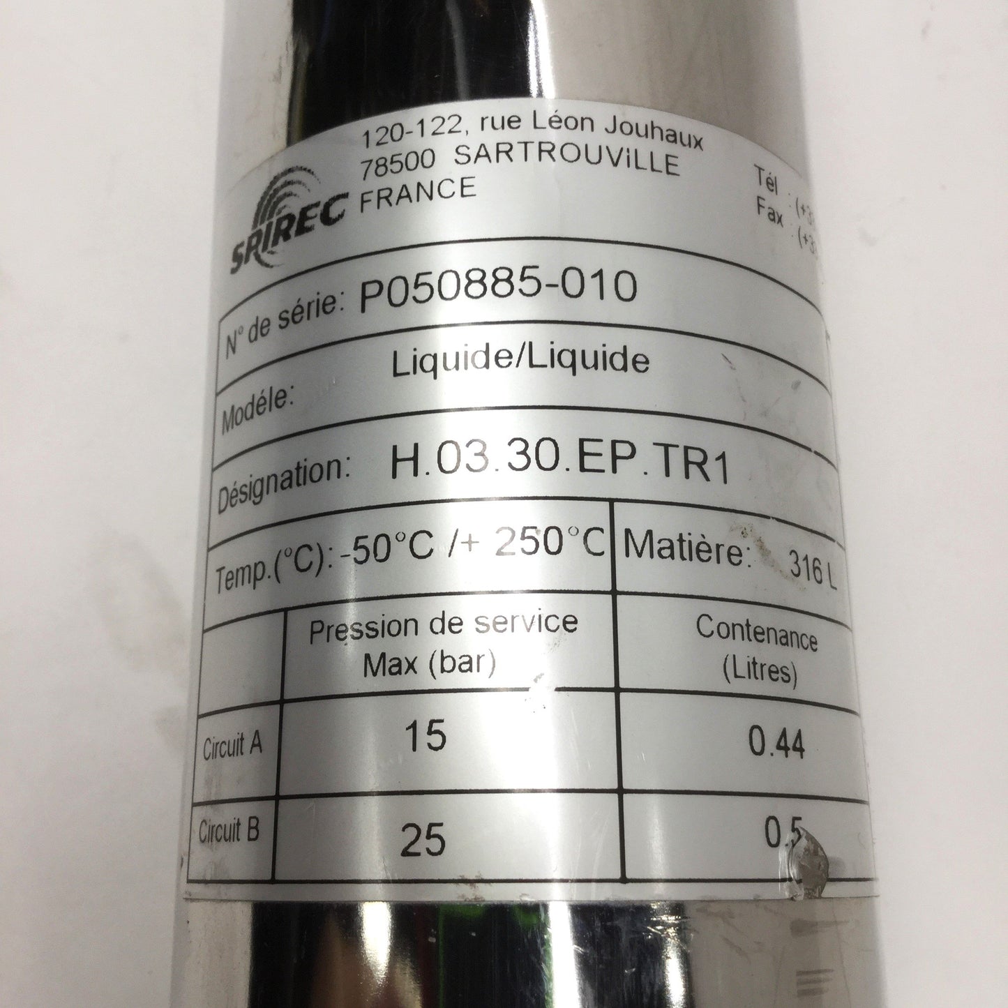 Used Spirec H.03.30.EP.TR1 Liquid Heat Exchanger -50 to 250°C, .44/.5L, 0.36m² x 0.3m