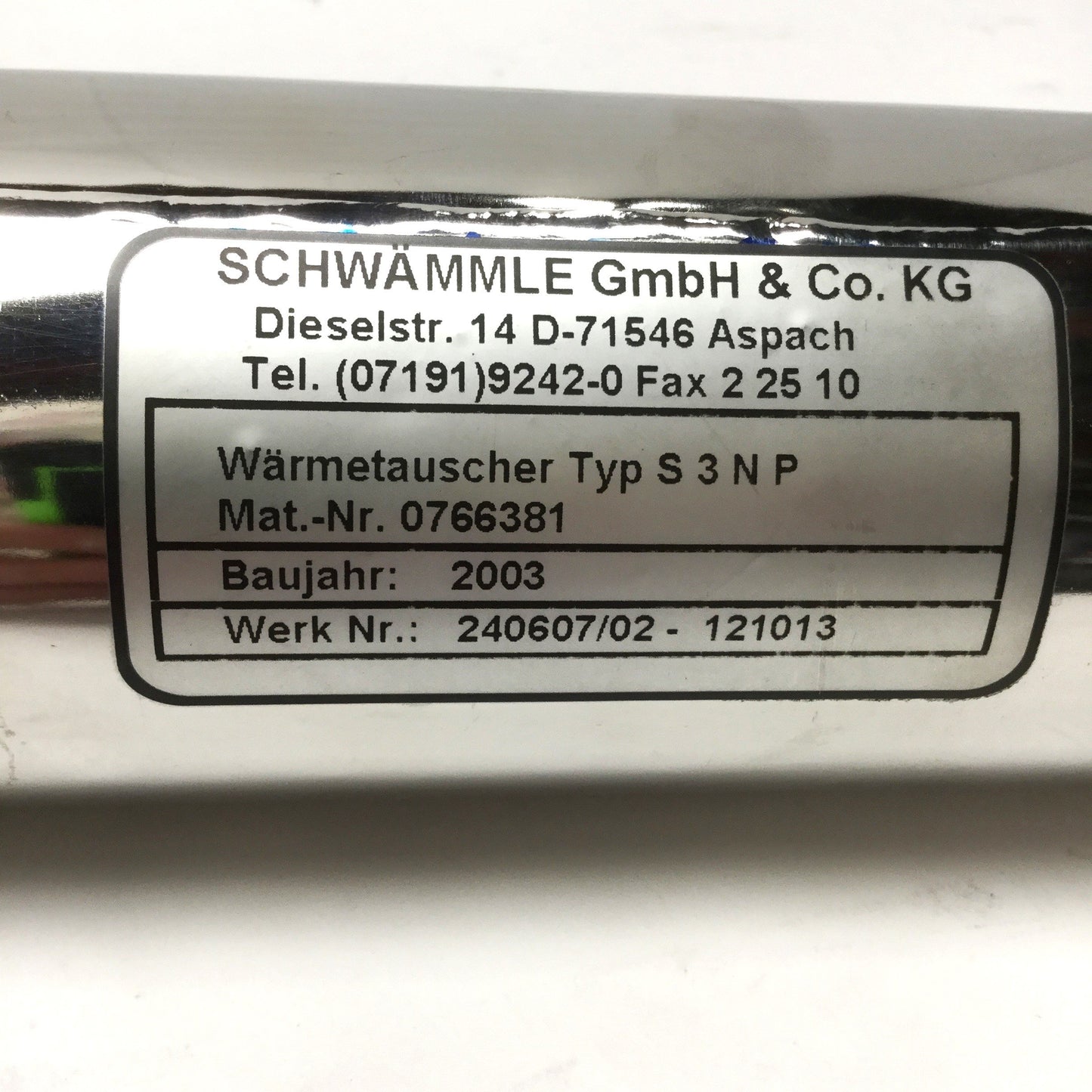 Used Schwammle S3N P Stainless Steel Liquid Heat Exchanger 0.44/0.5L, -50 to 250°C