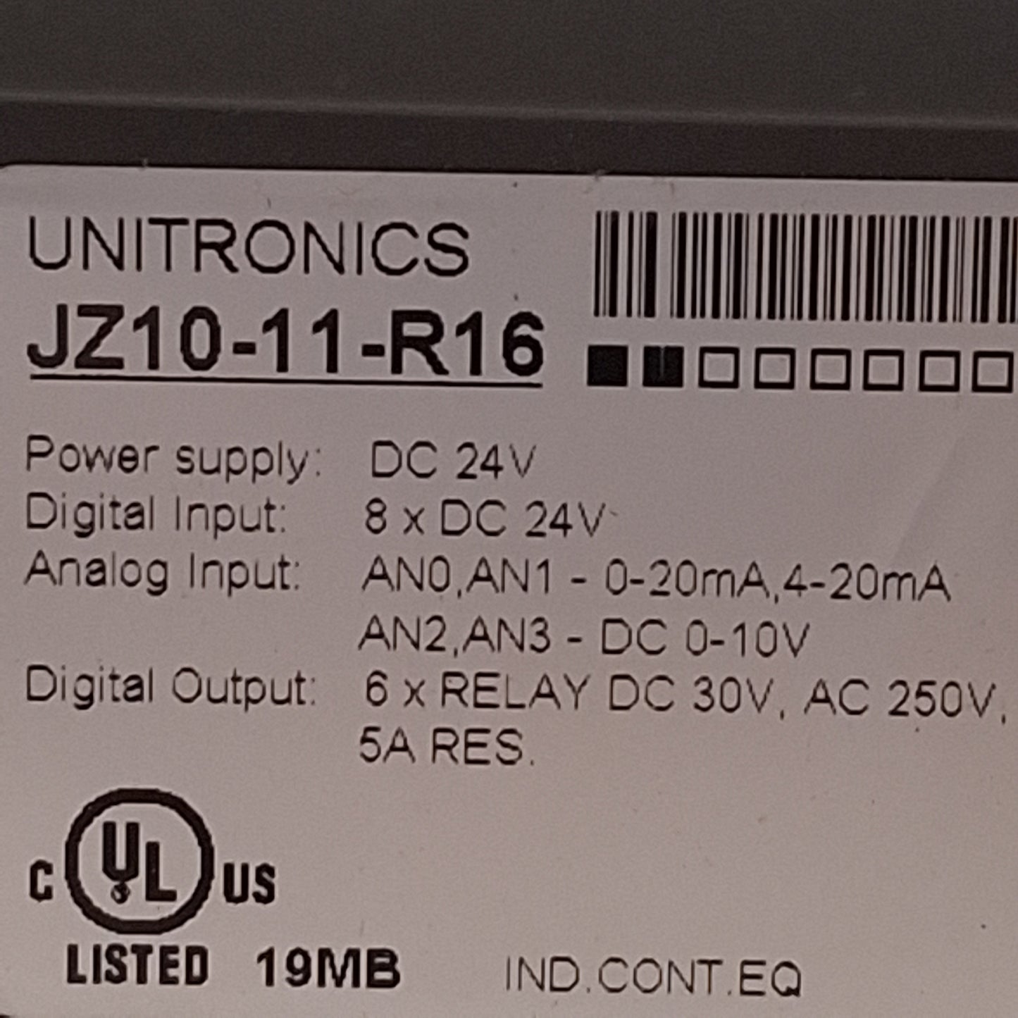 Used Unitronics JZ10-11-R16 Micro-OPLC, 8 Digital & 2 Analog Inputs, 6 Relay Outputs