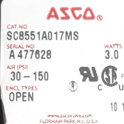 Used Asco SC8551A017MS Solenoid Valve, 5/4-Way, 1/4in NPT, 30-150psi, 24VDC Coil