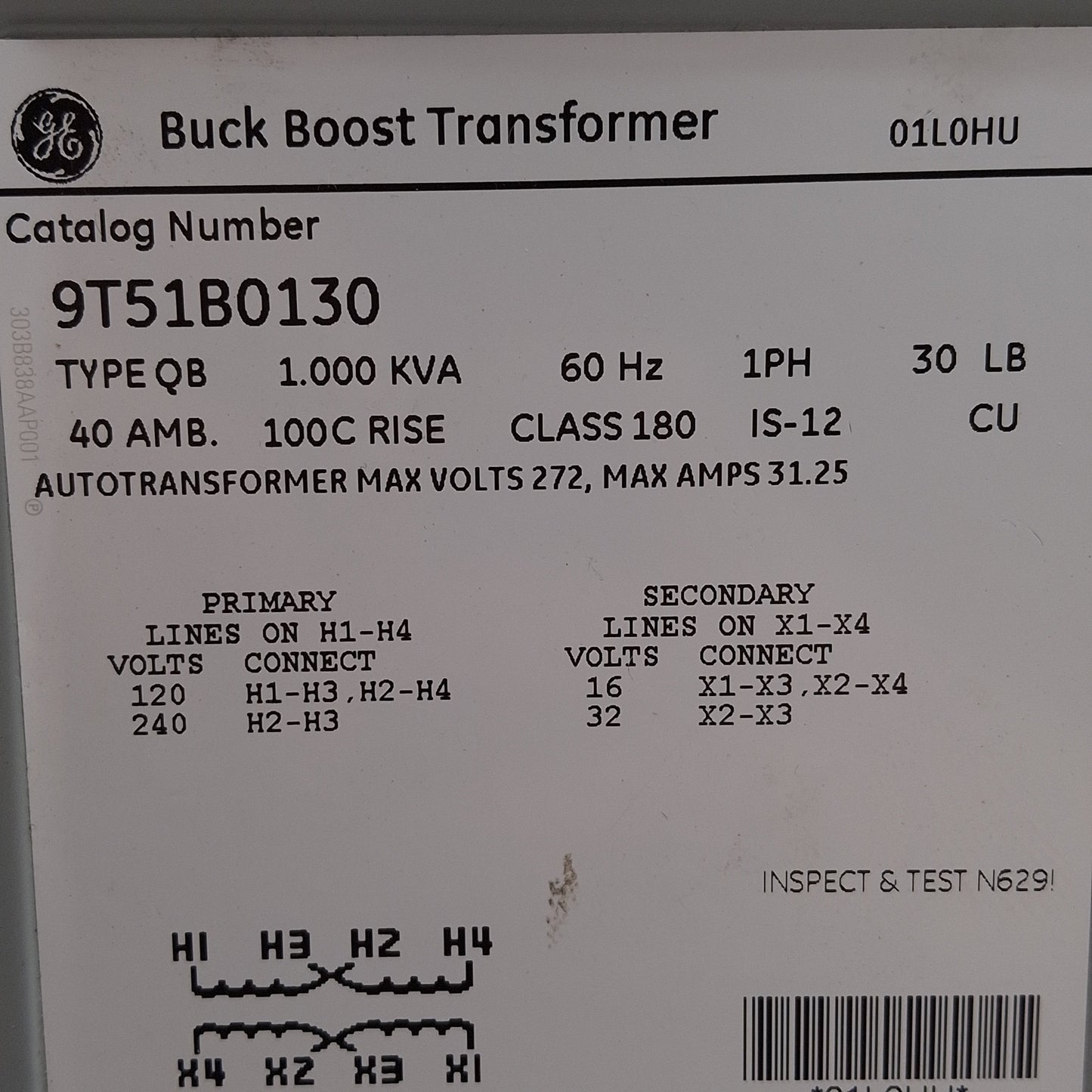 Used GE 9T51B0130 Buck Boost Transformer 120/240VAC Primary, 16/32VAC Secondary, 1kVA