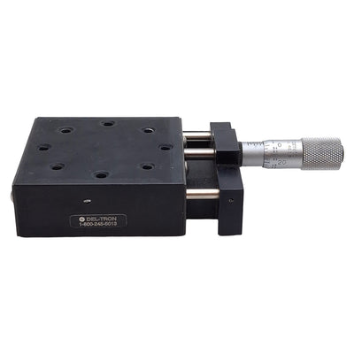 Used Del-Tron 750-X Linear Positioning Stage 1/2in Travel, 2.62x2.62in Table, 6-32UNF