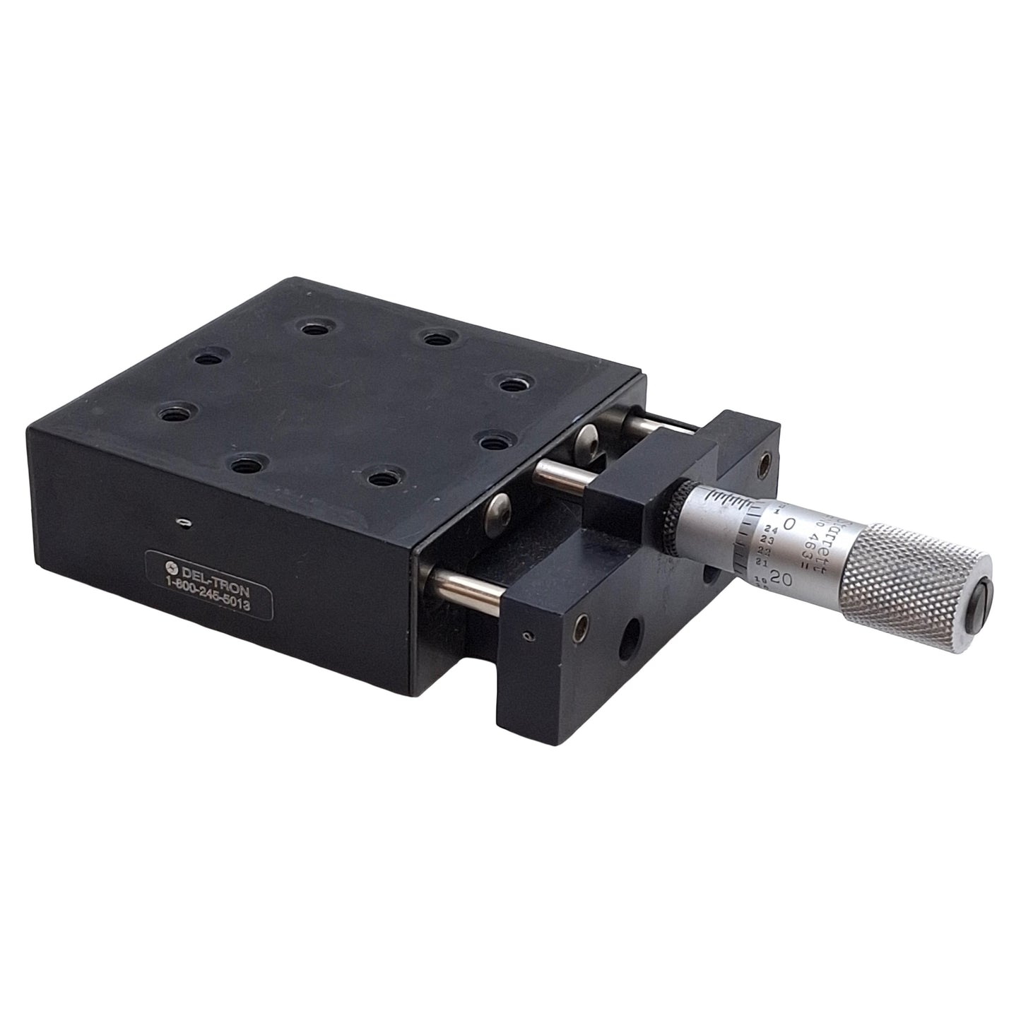 Used Del-Tron 750-X Linear Positioning Stage 1/2in Travel, 2.62x2.62in Table, 6-32UNF