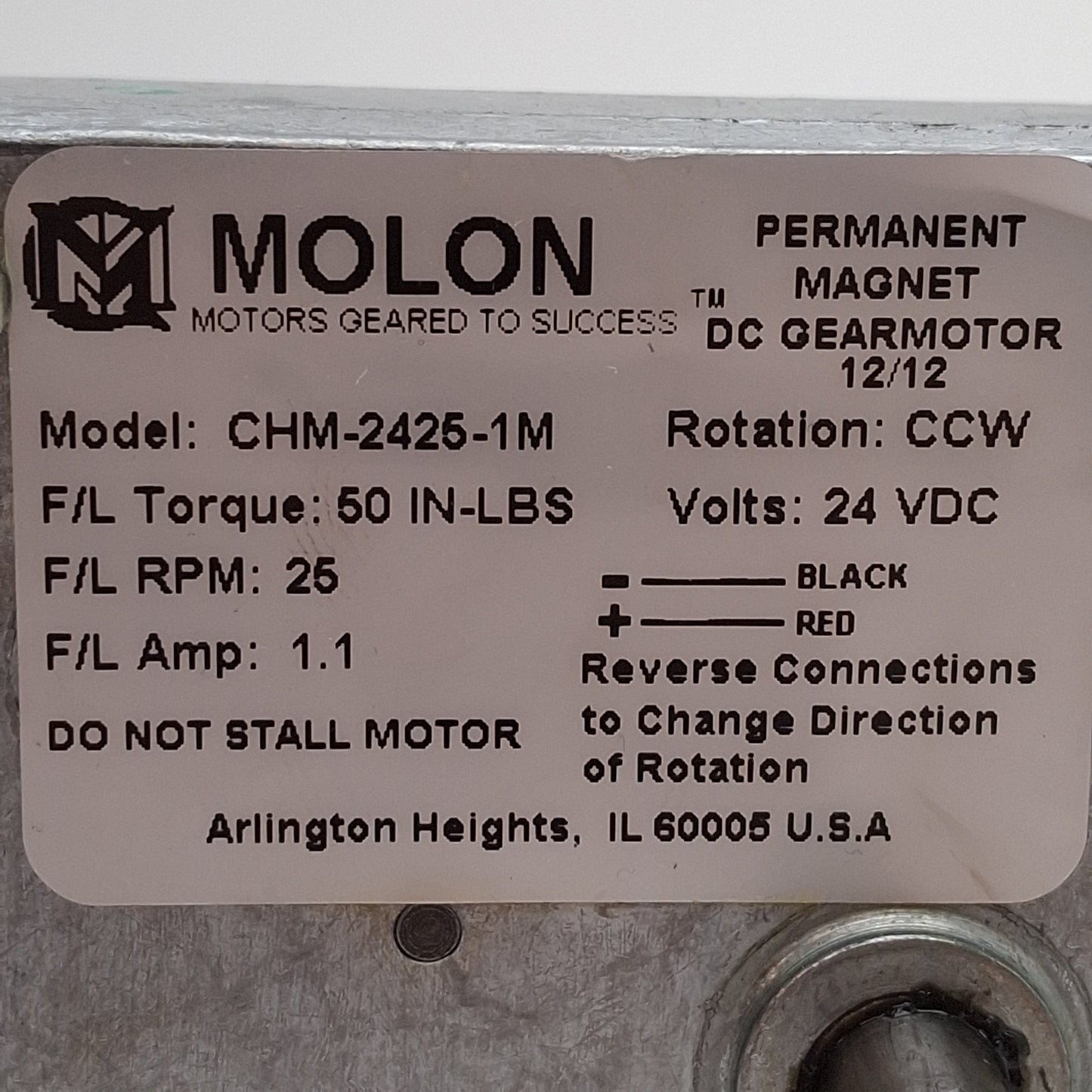 Used Molon CHM-2425-1M Permanent Magnet DC Gearmotor 50in-lbs 25rpm ø8mm Shaft 24VDC