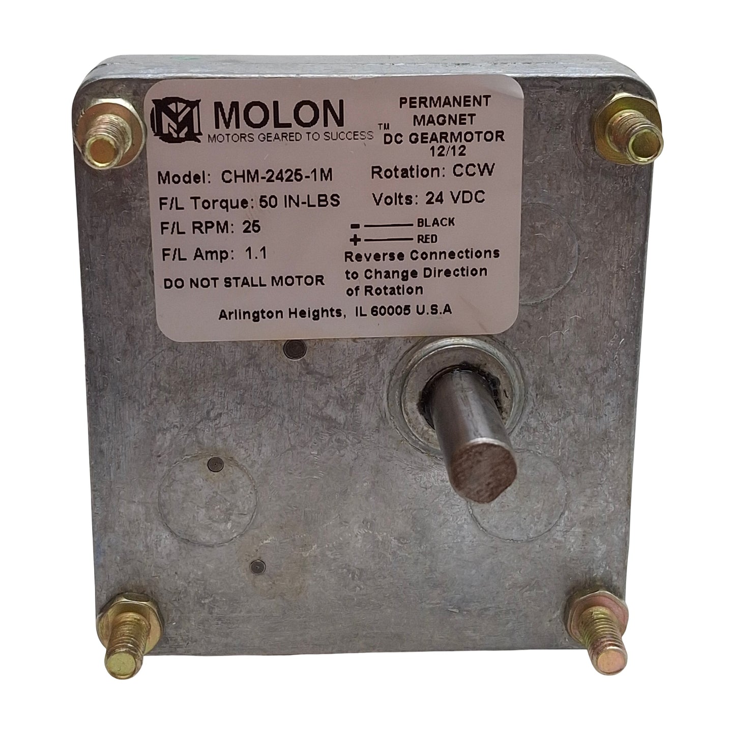 Used Molon CHM-2425-1M Permanent Magnet DC Gearmotor 50in-lbs 25rpm ø8mm Shaft 24VDC