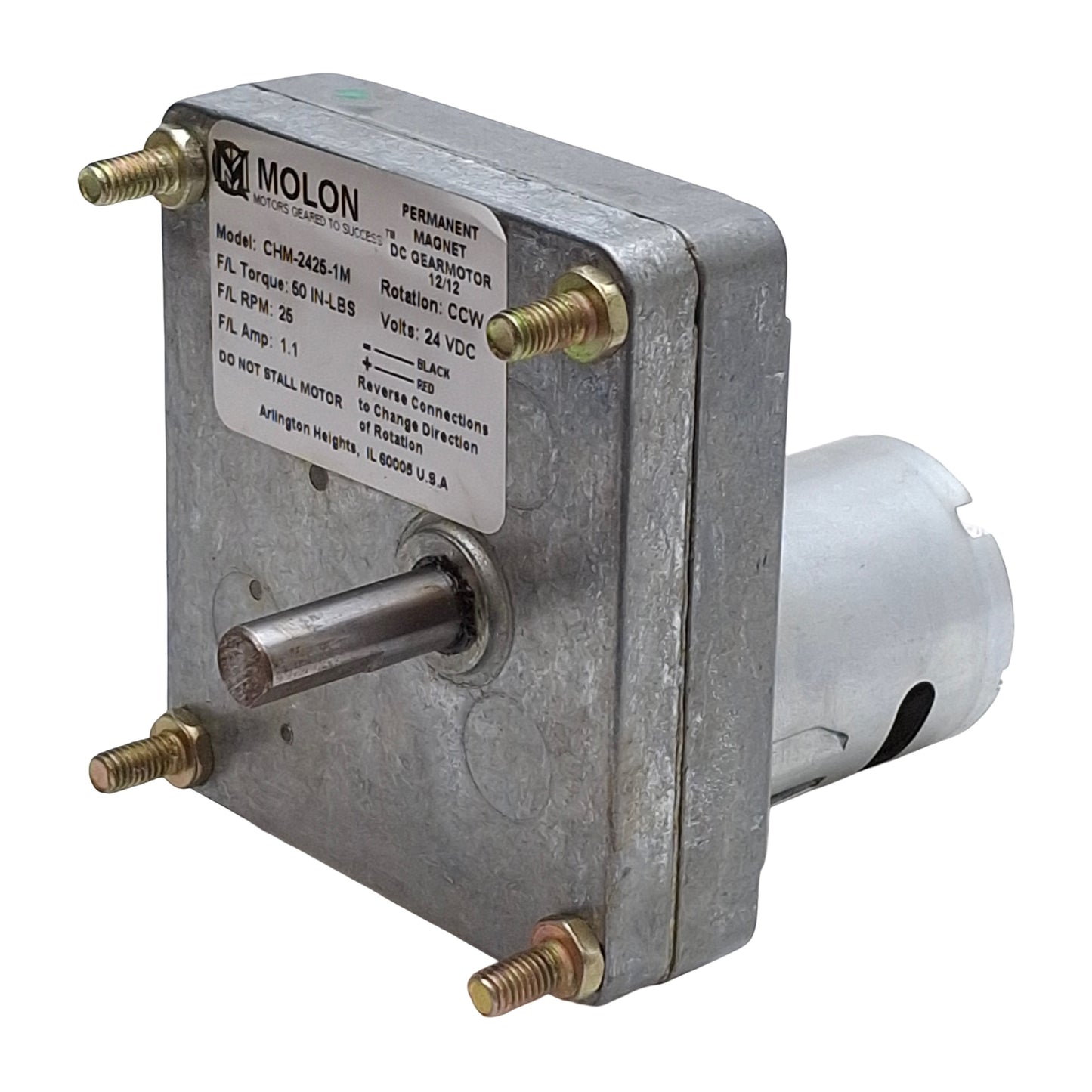 Used Molon CHM-2425-1M Permanent Magnet DC Gearmotor 50in-lbs 25rpm ø8mm Shaft 24VDC