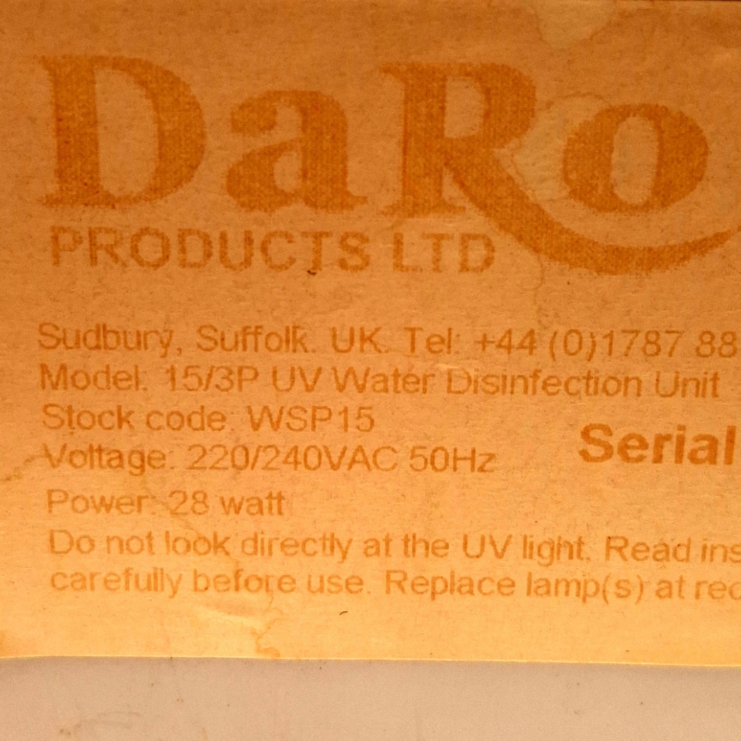 Used DaRo 15/3P UV Water Disinfection Unit, 100gal/hr, 3/4in BSP, 220-240VAC 30VA