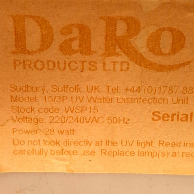 Used DaRo 15/3P UV Water Disinfection Unit, 100gal/hr, 3/4in BSP, 220-240VAC 30VA