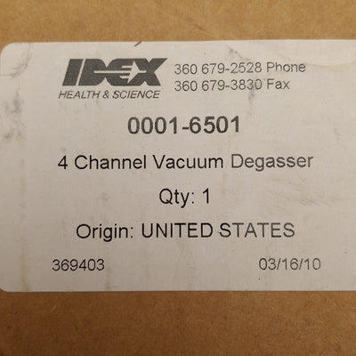 New – Open box Rheodyne 0001-6501 Stand Alone MINI Degasser 4-Channel, 480µL, 2mL/min, 15-24VDC