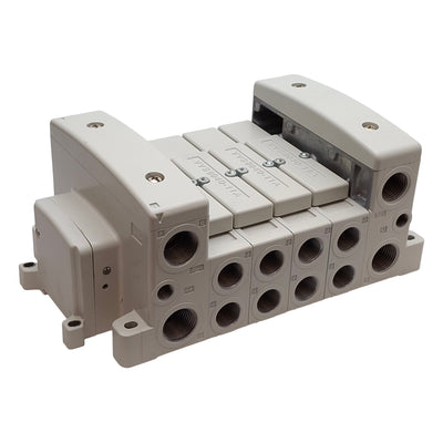 New – Open box SMC JJ5SY5-10S0-04B Pneumatic Manifold Base, 4-Station, Rc3/8 & Rc1/2 Ports