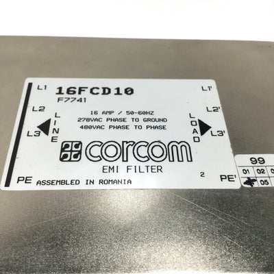 Used Corcom 16FCD10 Panel Mount Power Line EMI RFI 3-Phase Filter, 16A, 277/480VAC