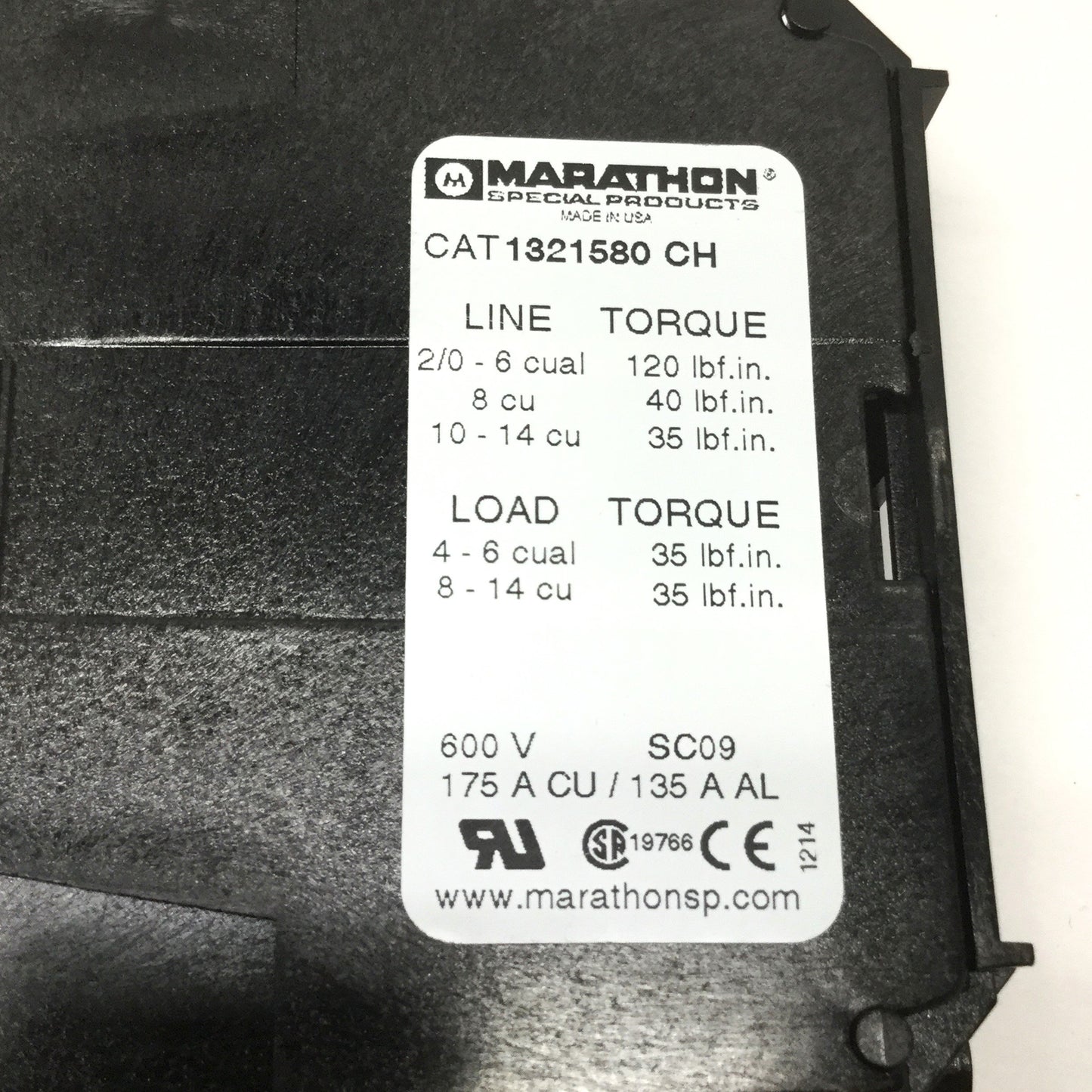 Used Marathon 1321580CH Power Distribution Block, 1-Pole Line In, 6x Load, 600V 175A