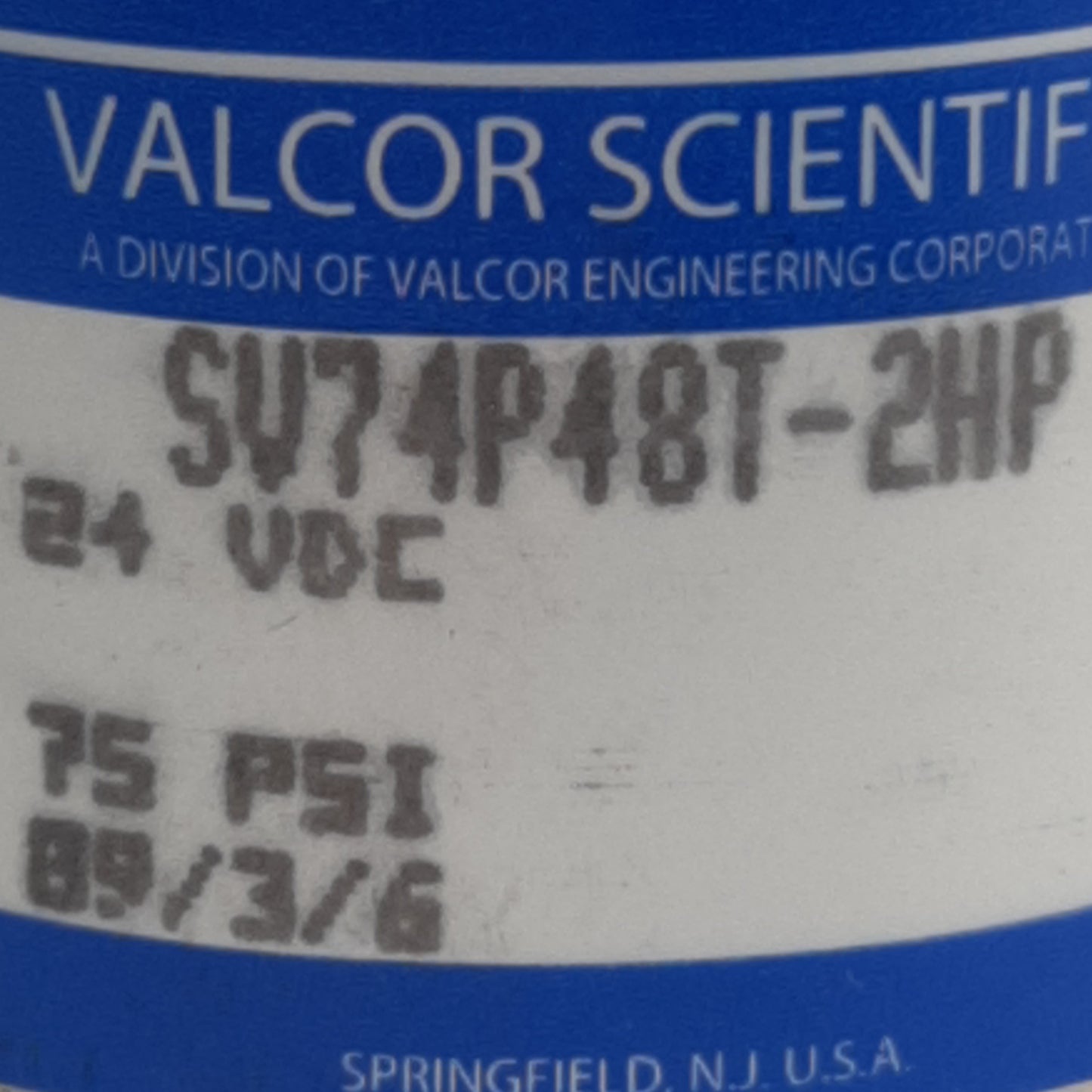 Used Valcor Scientific SV74P48T-2HP 2-Way N/C Diaphragm Isolation Valve 75PSI, 24VDC