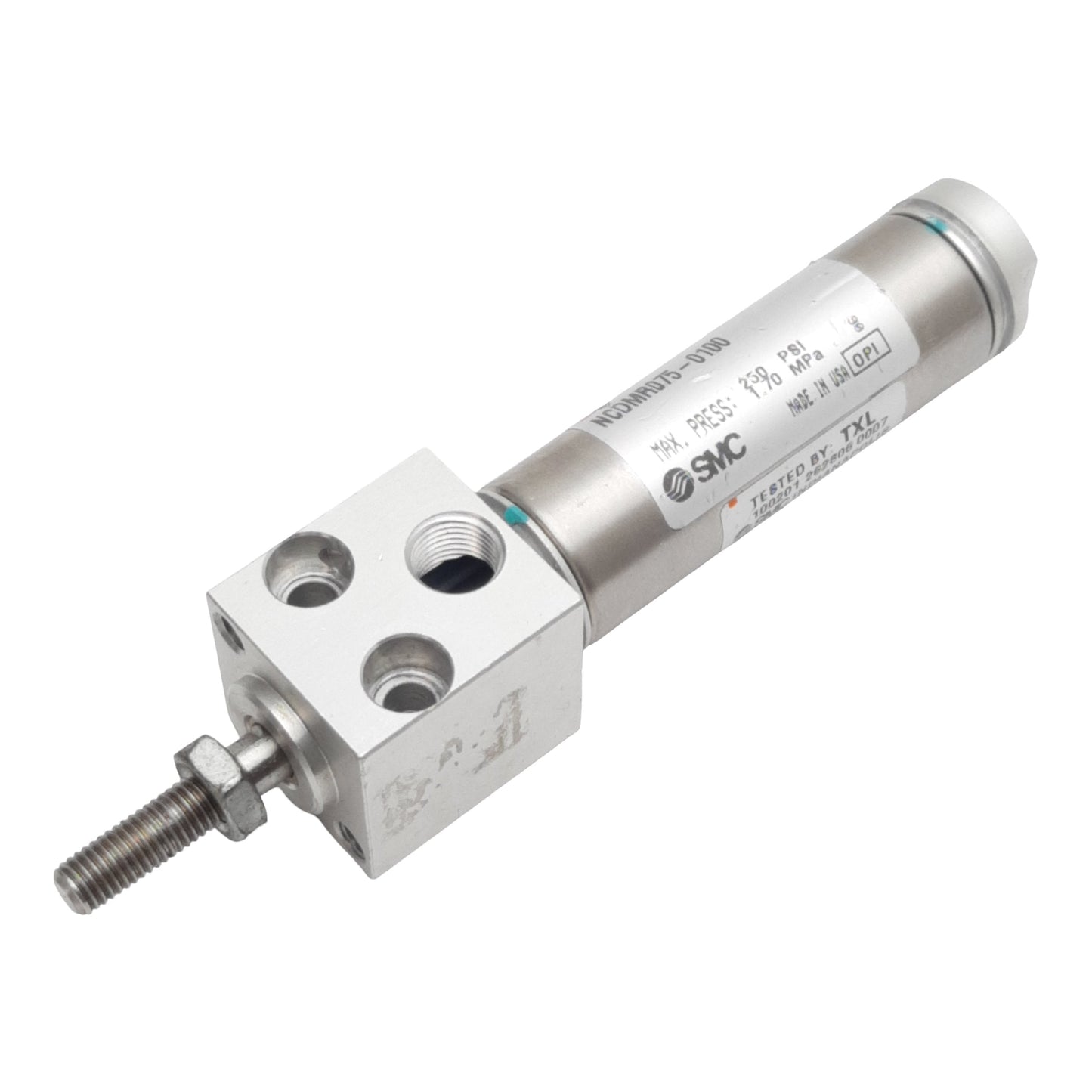 Used SMC NCDMR075-0100 Pneumatic Cylinder, ø3/4in Bore, 1in Stroke, 1/8in NPT, 250psi